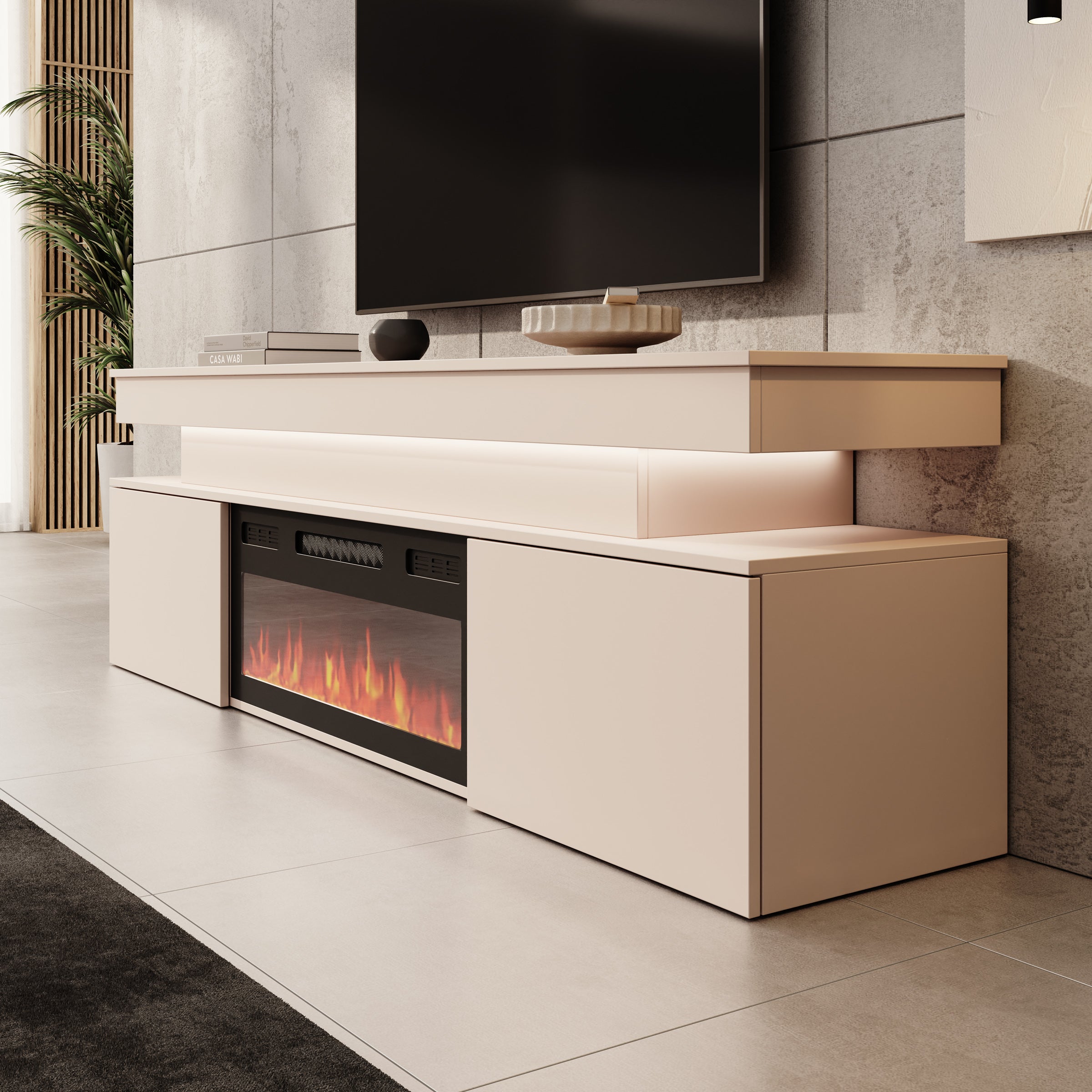 Galan - TV-Meubel met sfeerhaard - Beige - 190x39x54 cm