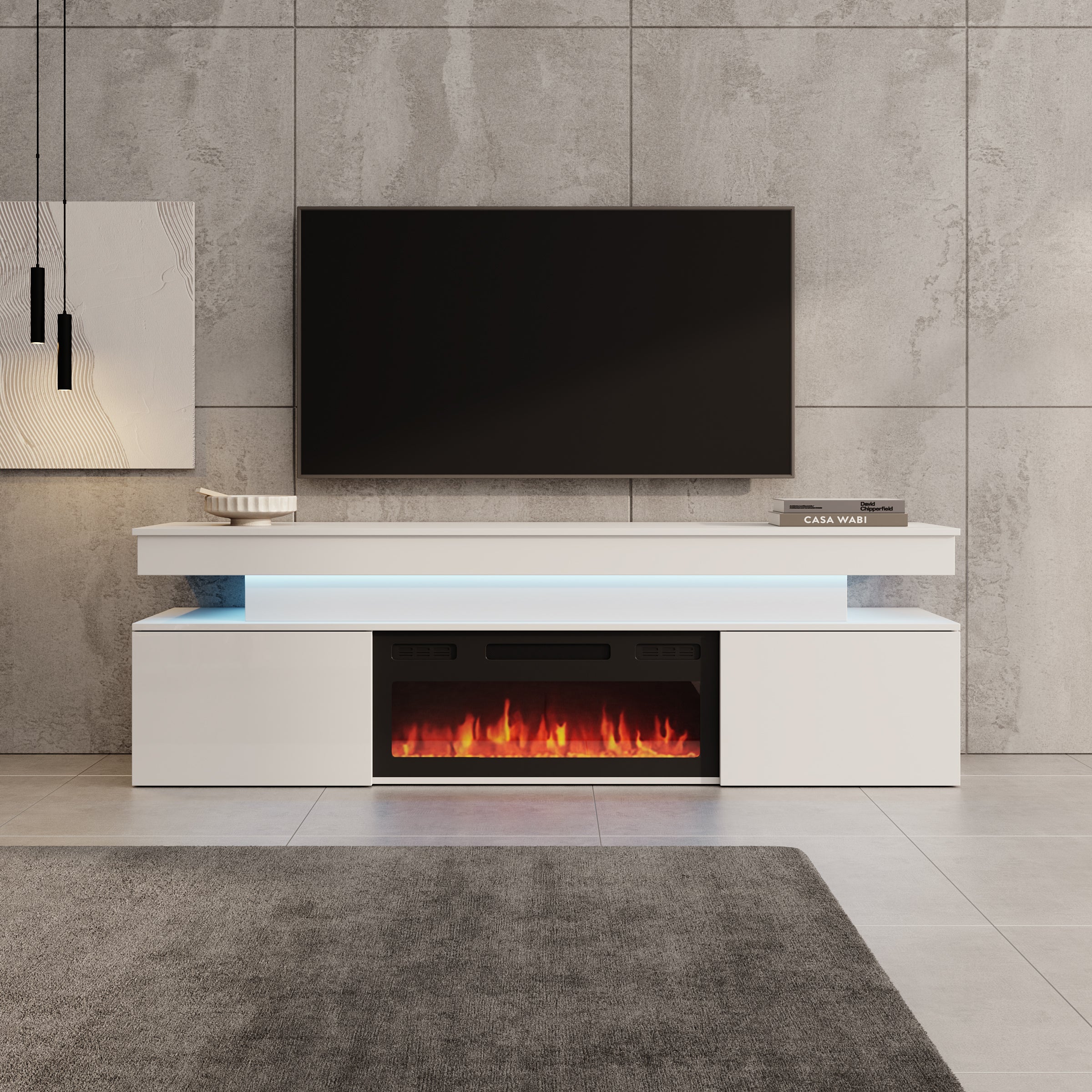 Galan - TV-Meubel met sfeerhaard - Wit hoogglans - 190x39x54 cm