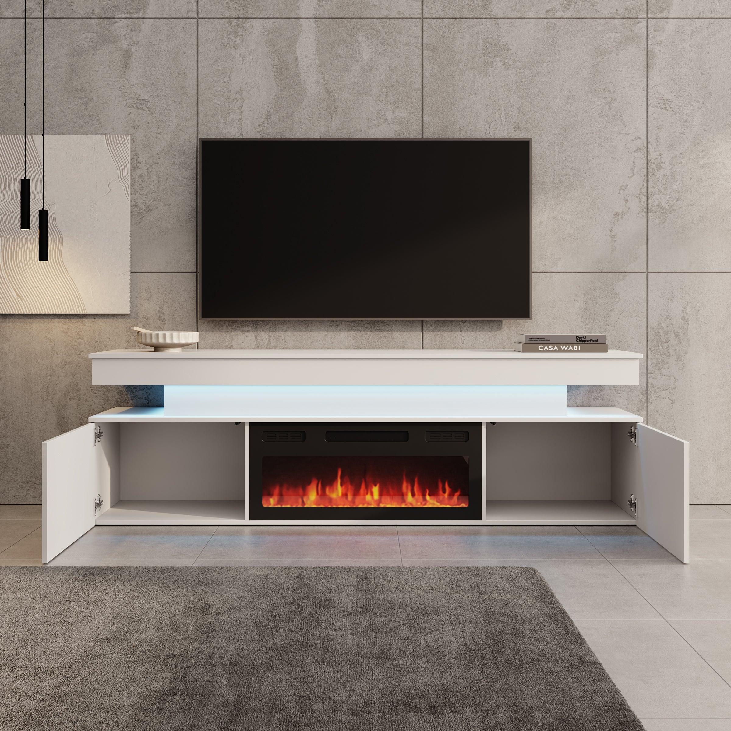 Galan - TV-Meubel met sfeerhaard - Wit hoogglans - 190x39x54 cm