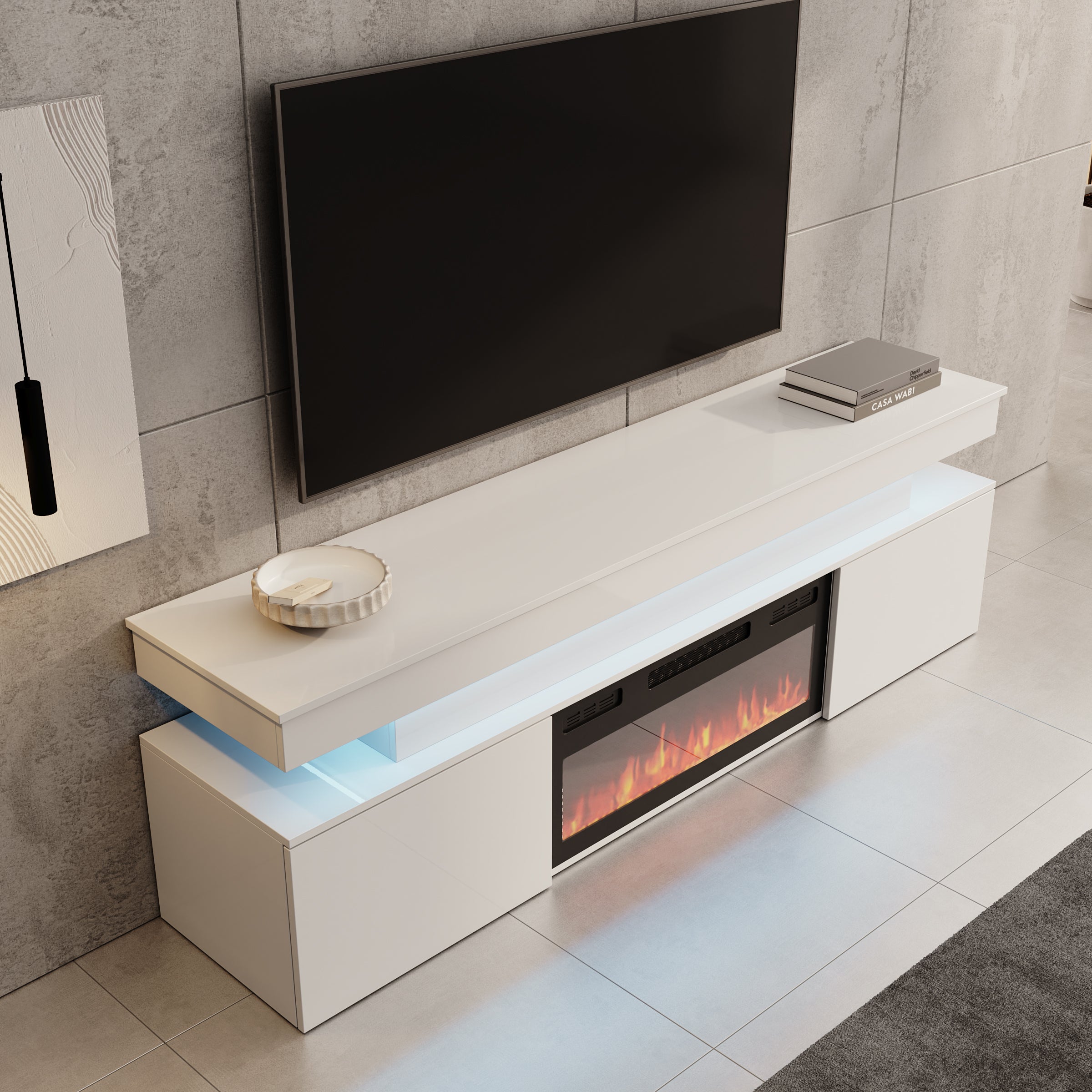 Galan - TV-Meubel met sfeerhaard - Wit hoogglans - 190x39x54 cm