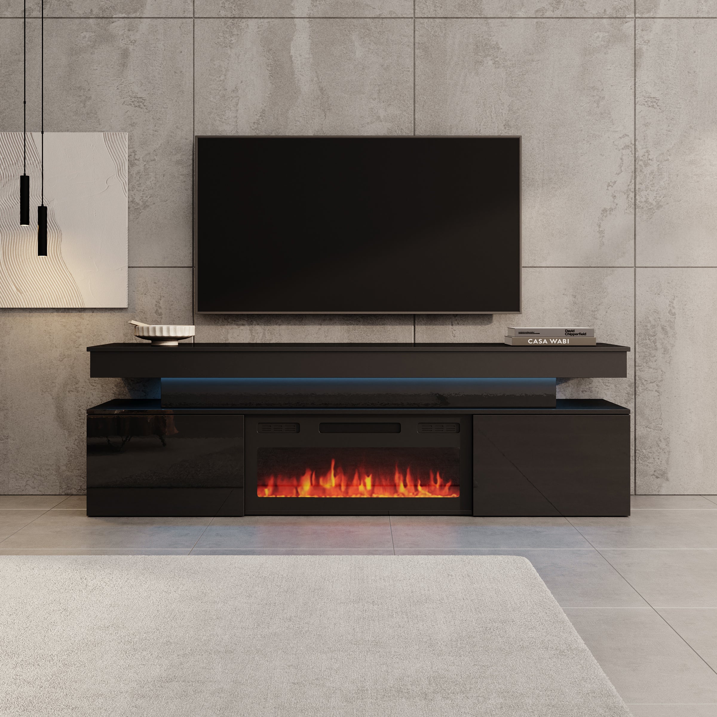Galan - TV-Meubel met sfeerhaard - Zwart hoogglans - 190x39x54 cm