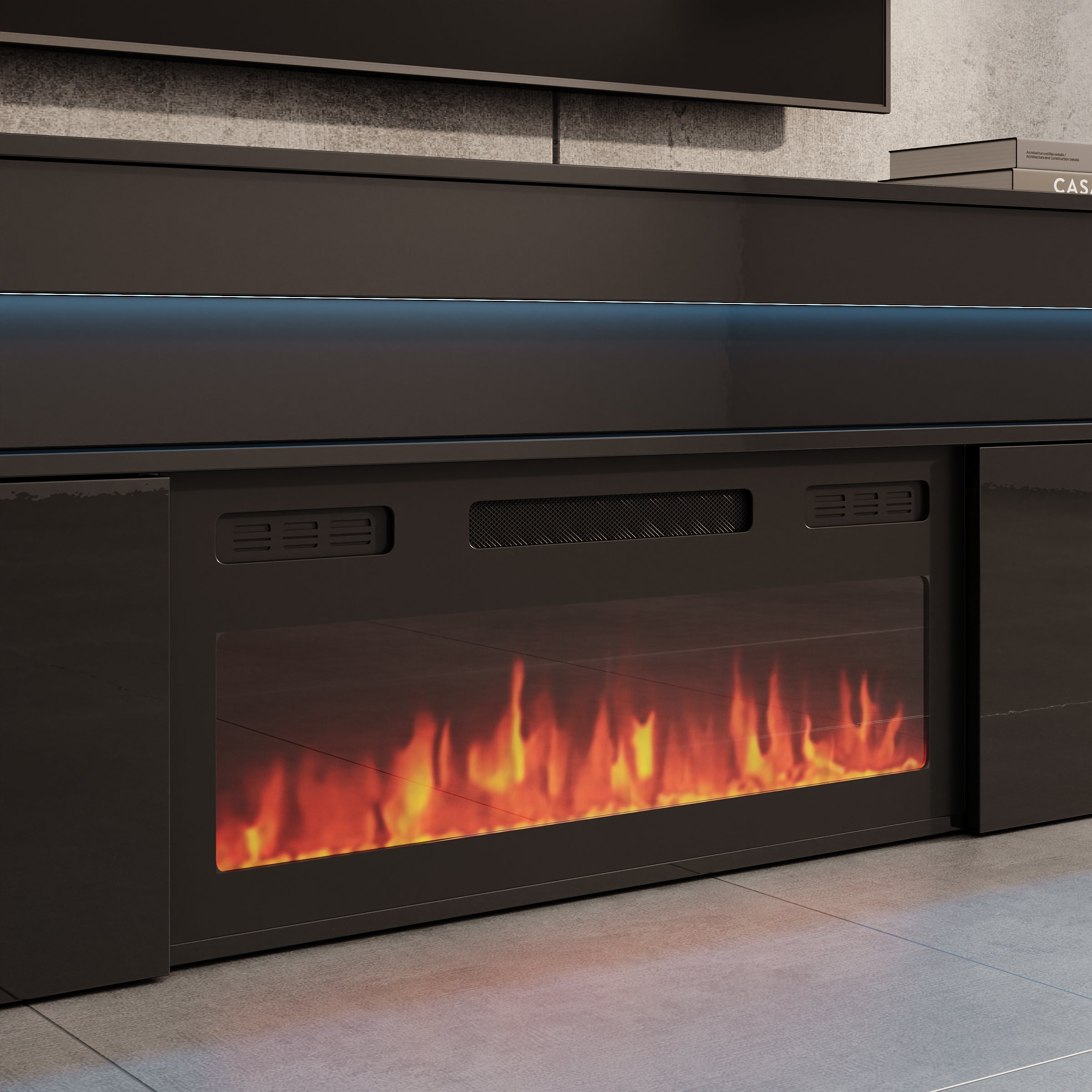 Galan - TV-Meubel met sfeerhaard - Zwart hoogglans - 190x39x54 cm