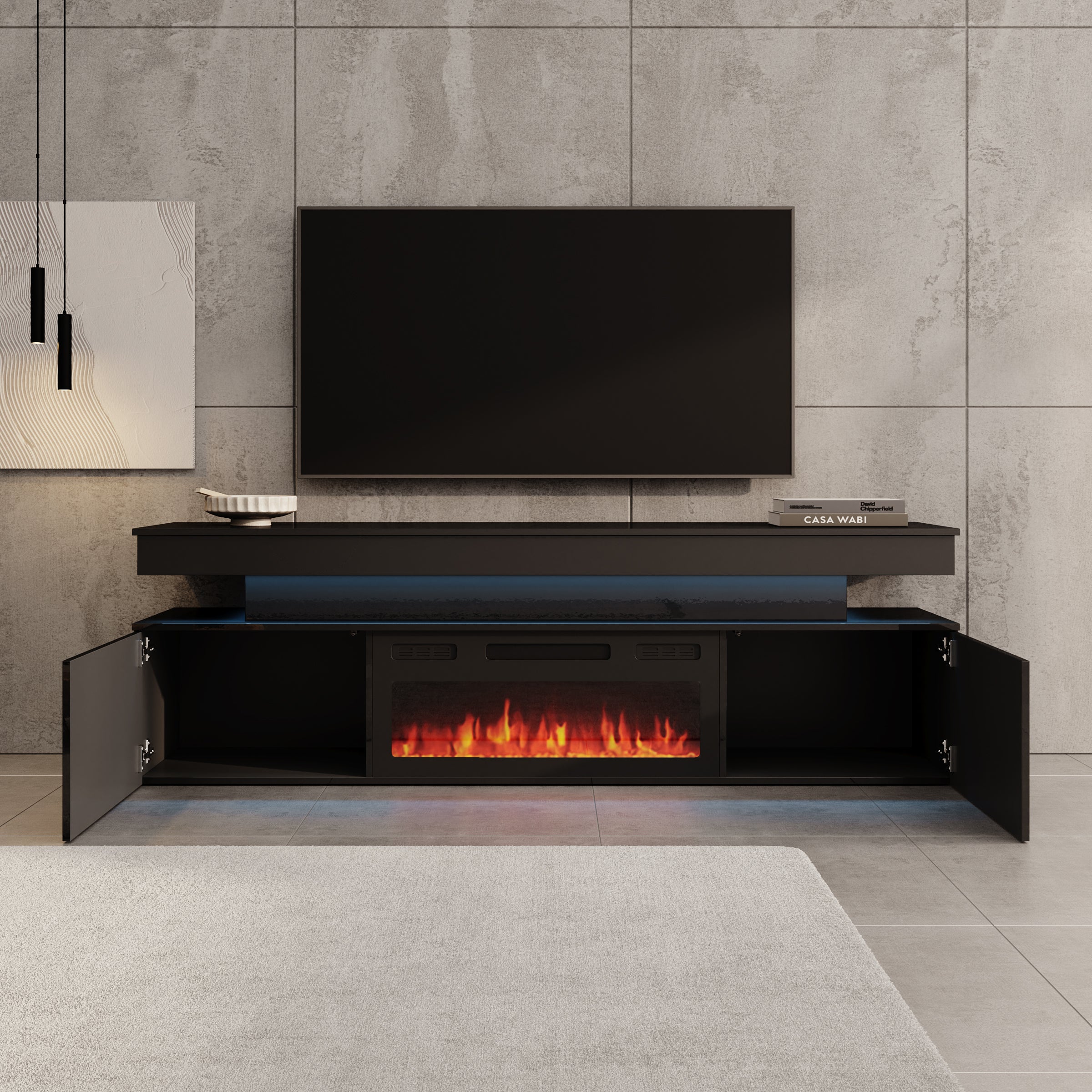Galan - TV-Meubel met sfeerhaard - Zwart hoogglans - 190x39x54 cm