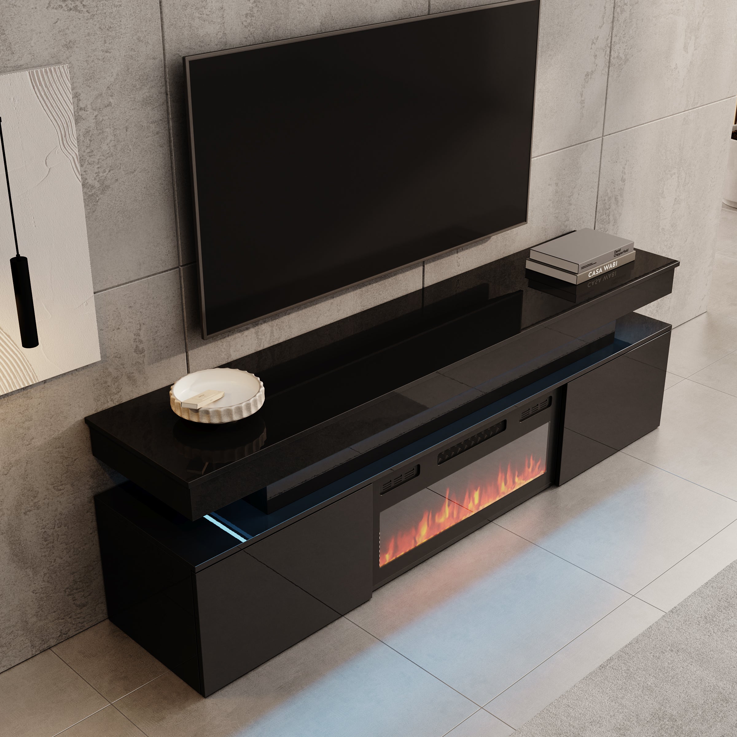 Galan - TV-Meubel met sfeerhaard - Zwart hoogglans - 190x39x54 cm