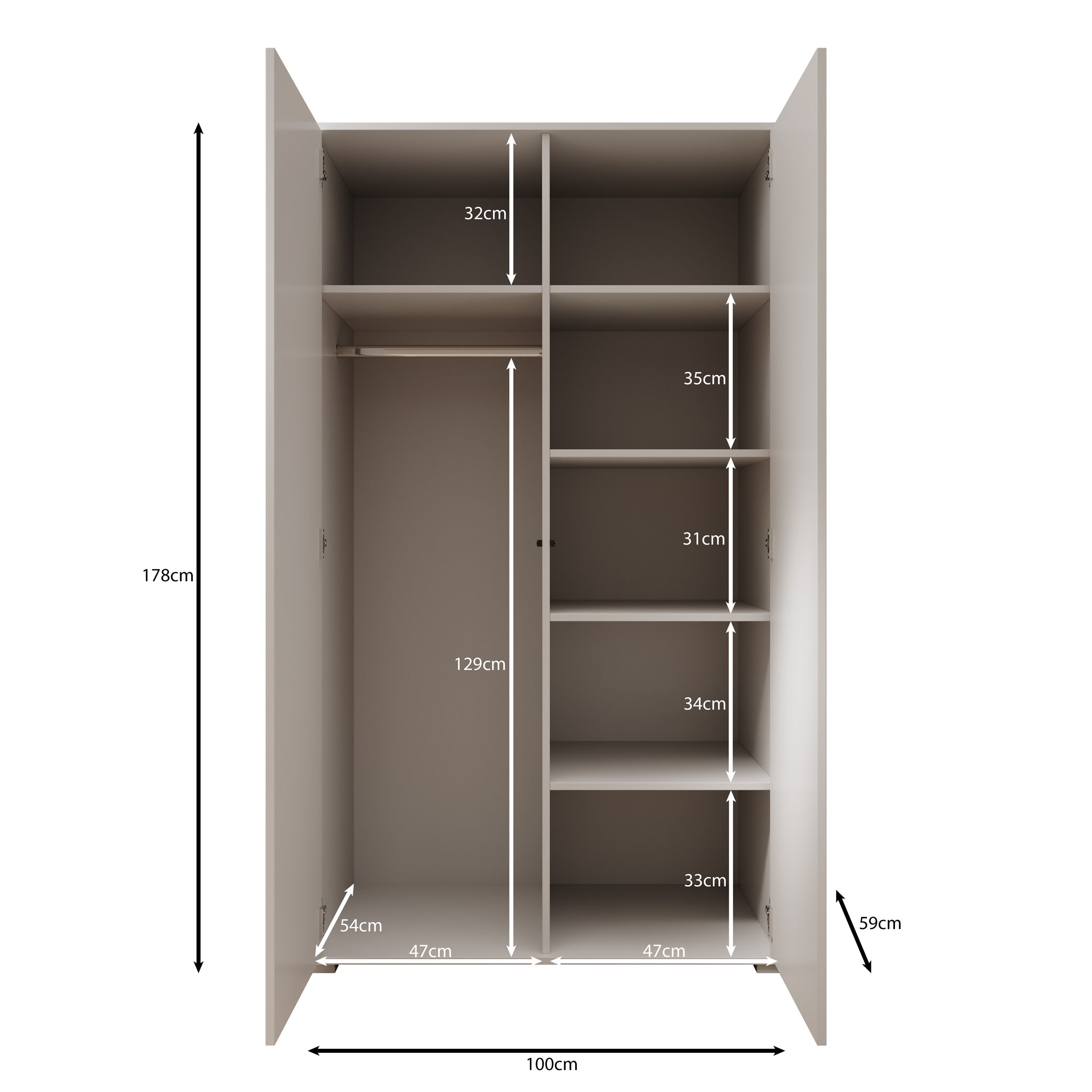 Gideon - Kledingkast 2-deurs - Beige - 100x59x178 cm