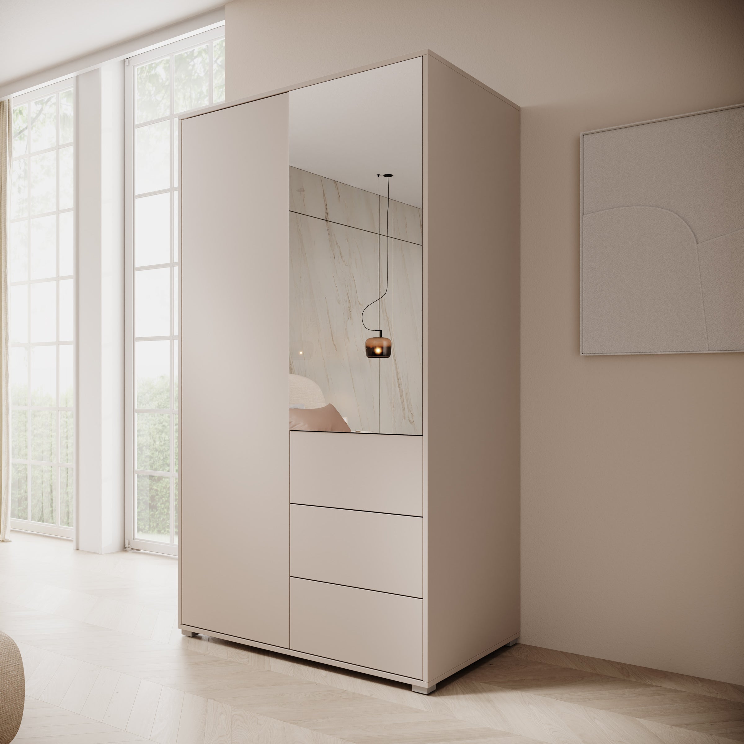 Gideon - Kledingkast met spiegel - Beige - 100x59x178 cm