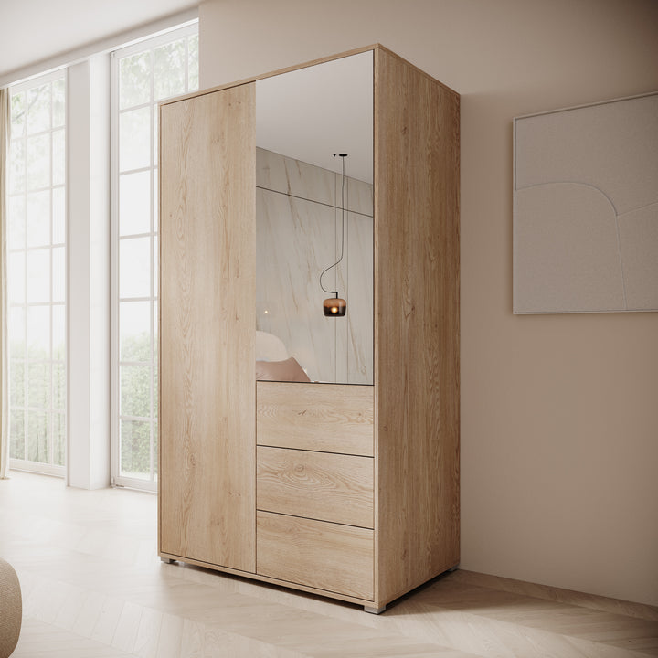 Gideon - Kledingkast met spiegel - Eikenpatroon - 100x59x178