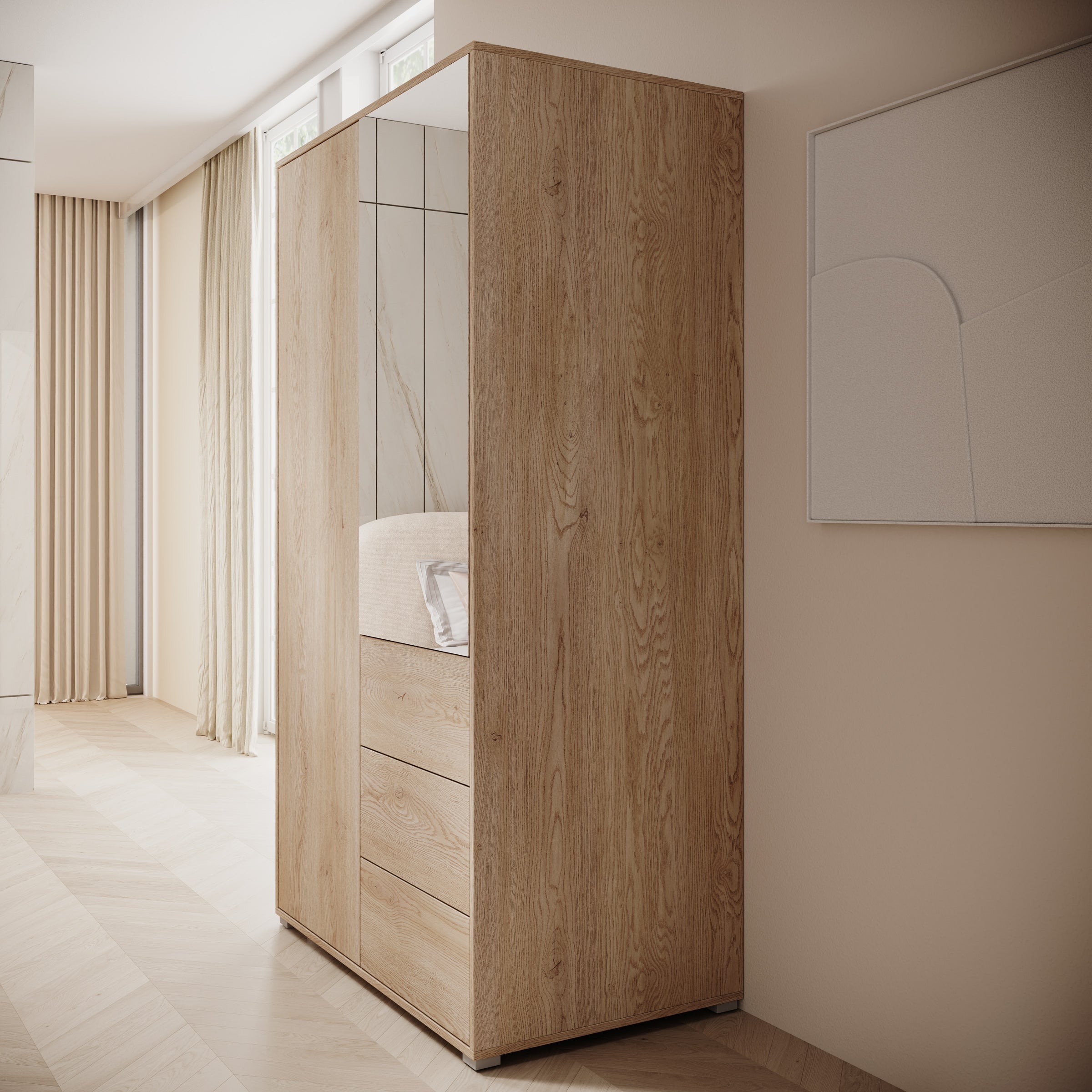 Gideon - Kledingkast met spiegel - Eikenpatroon - 100x59x178