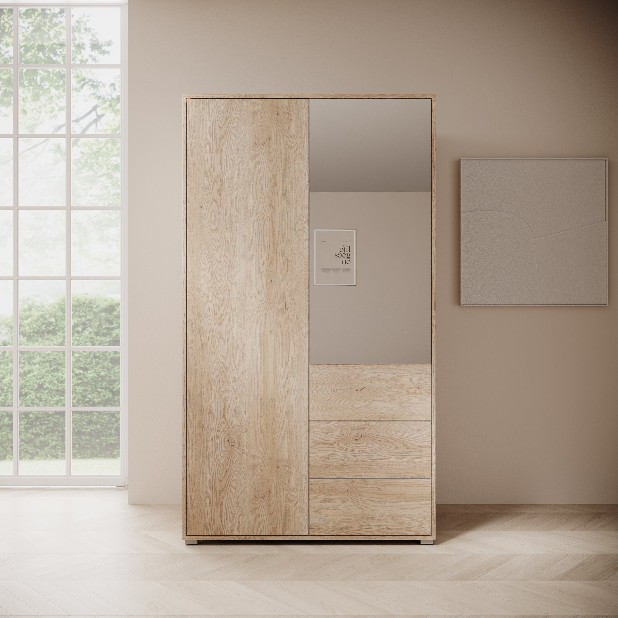 Gideon - Kledingkast met spiegel - Eikenpatroon - 100x59x178