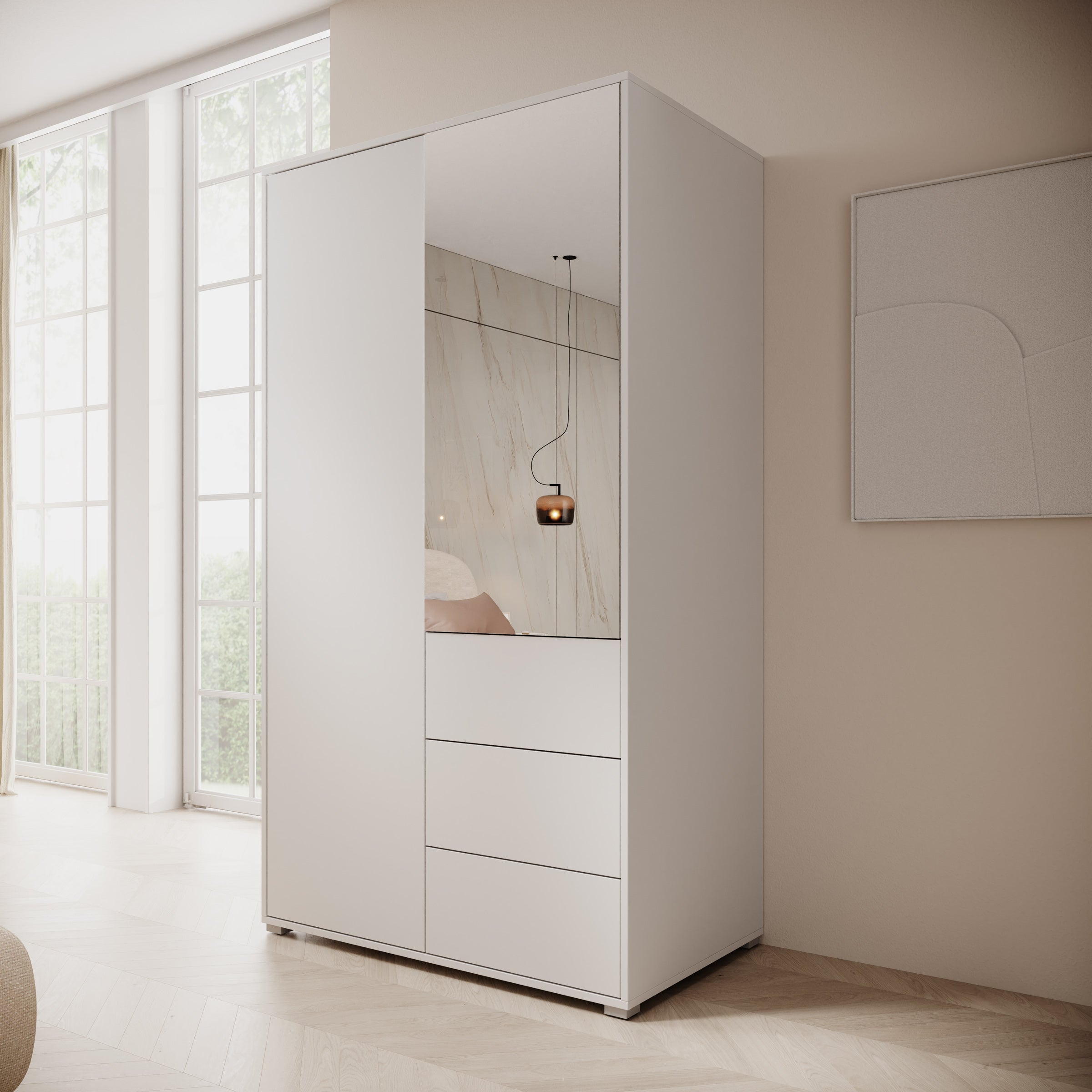 Gideon - Kledingkast met spiegel - Wit - 100x59x178 cm