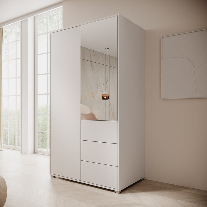 Gideon - Kledingkast met spiegel - Wit - 100x59x178 cm