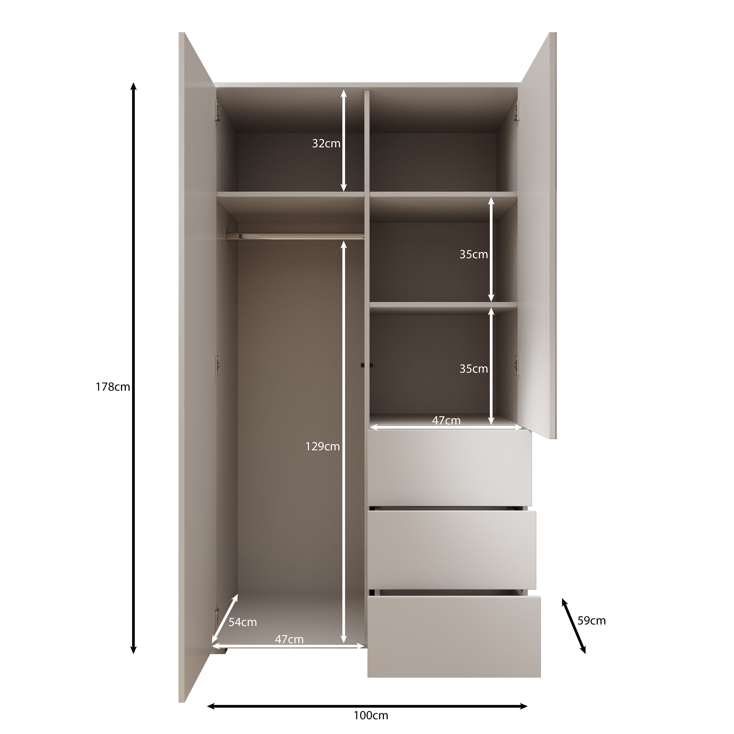 Gideon - Kledingkast met spiegel - Wit - 100x59x178 cm