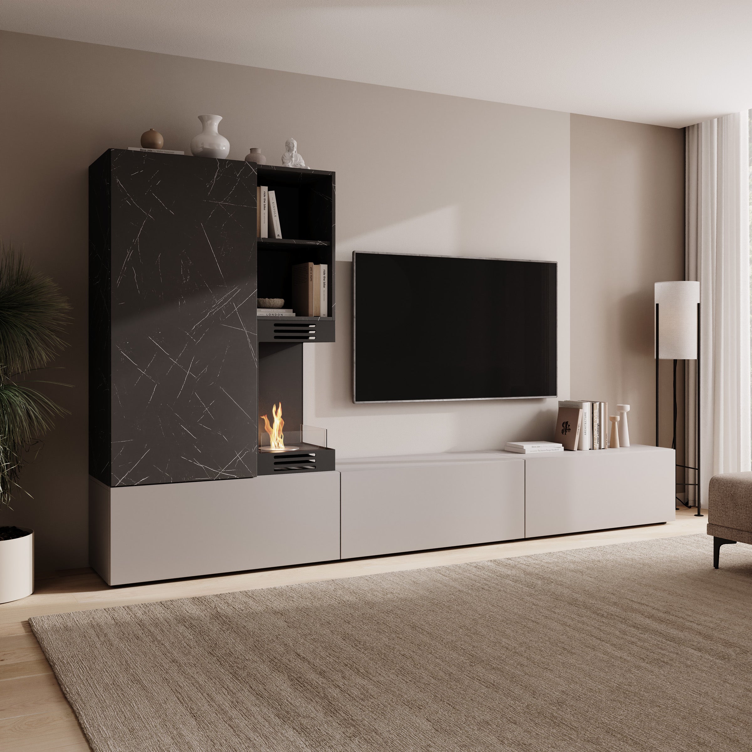 Giordo - Wandmeubel - Greige/Zwart marmerpatroon - Met sfeerhaard - 270x40x158 cm