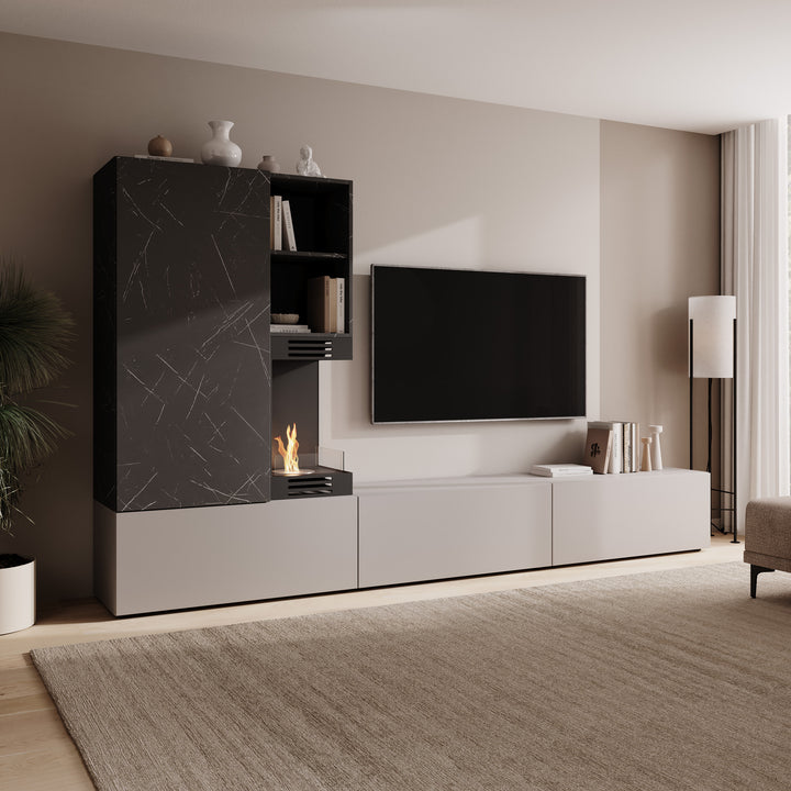 Giordo - Wandmeubel - Greige/Zwart marmerpatroon - Met sfeerhaard - 270x40x158 cm