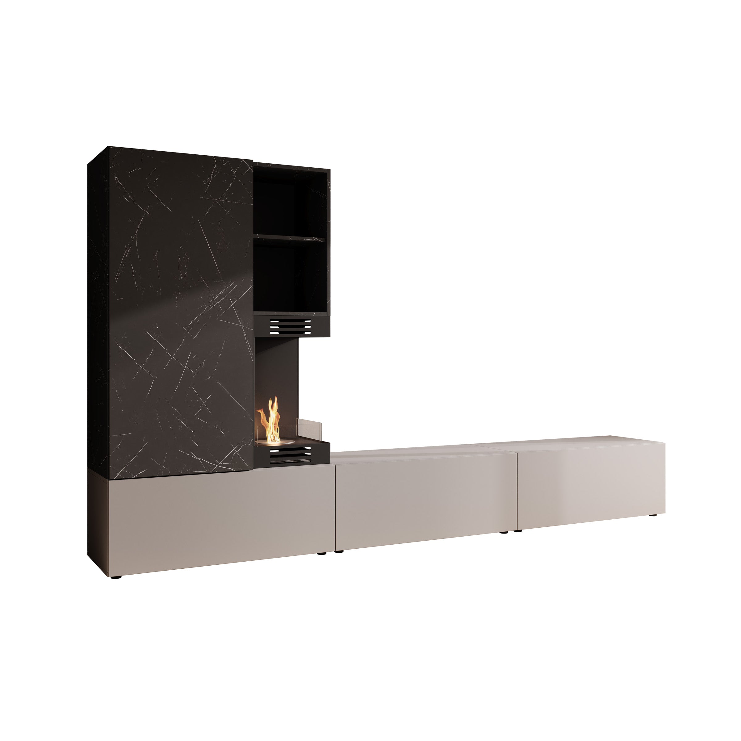 Giordo - Wandmeubel - Greige/Zwart marmerpatroon - Met sfeerhaard - 270x40x158 cm
