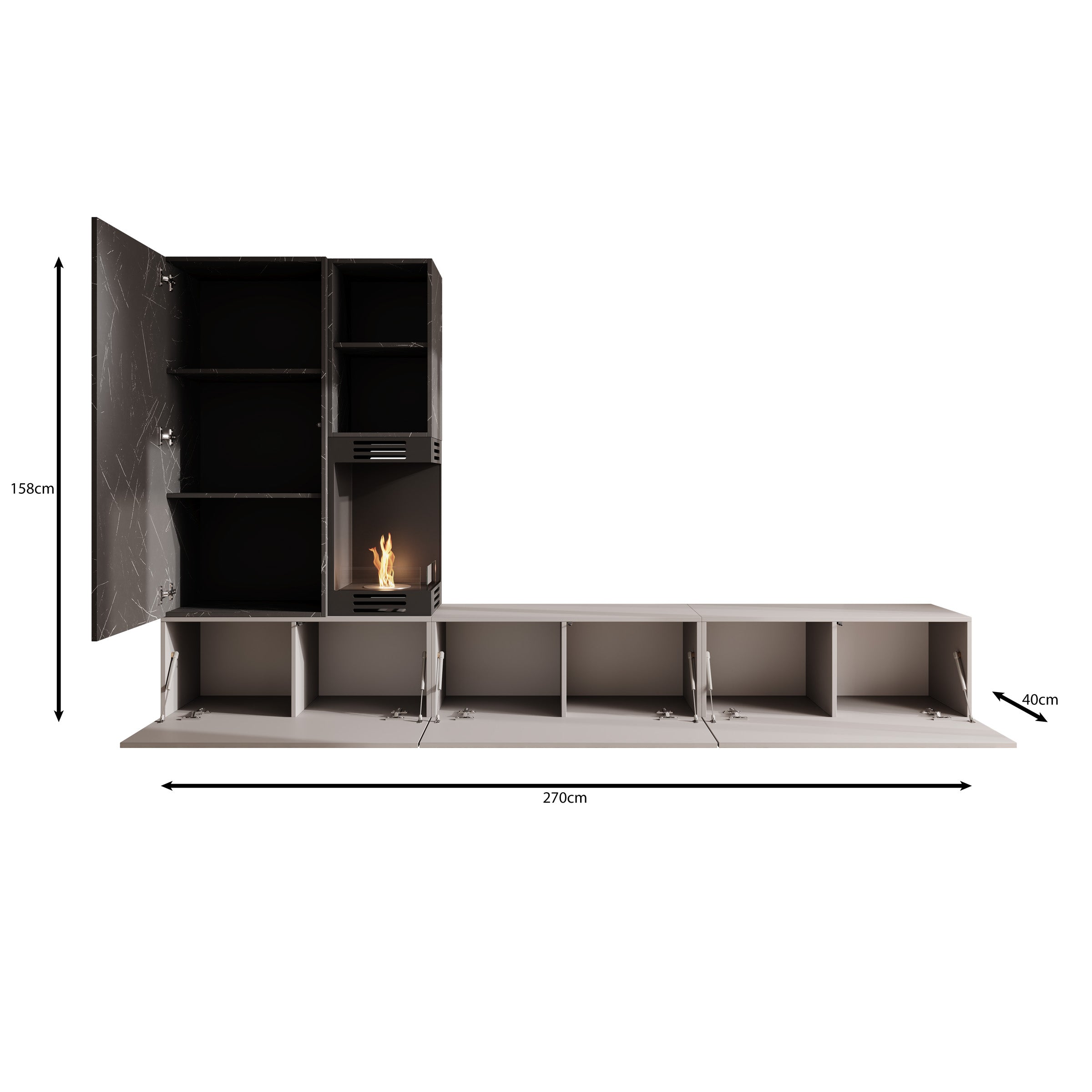 Giordo - Wandmeubel - Greige/Zwart marmerpatroon - Met sfeerhaard - 270x40x158 cm