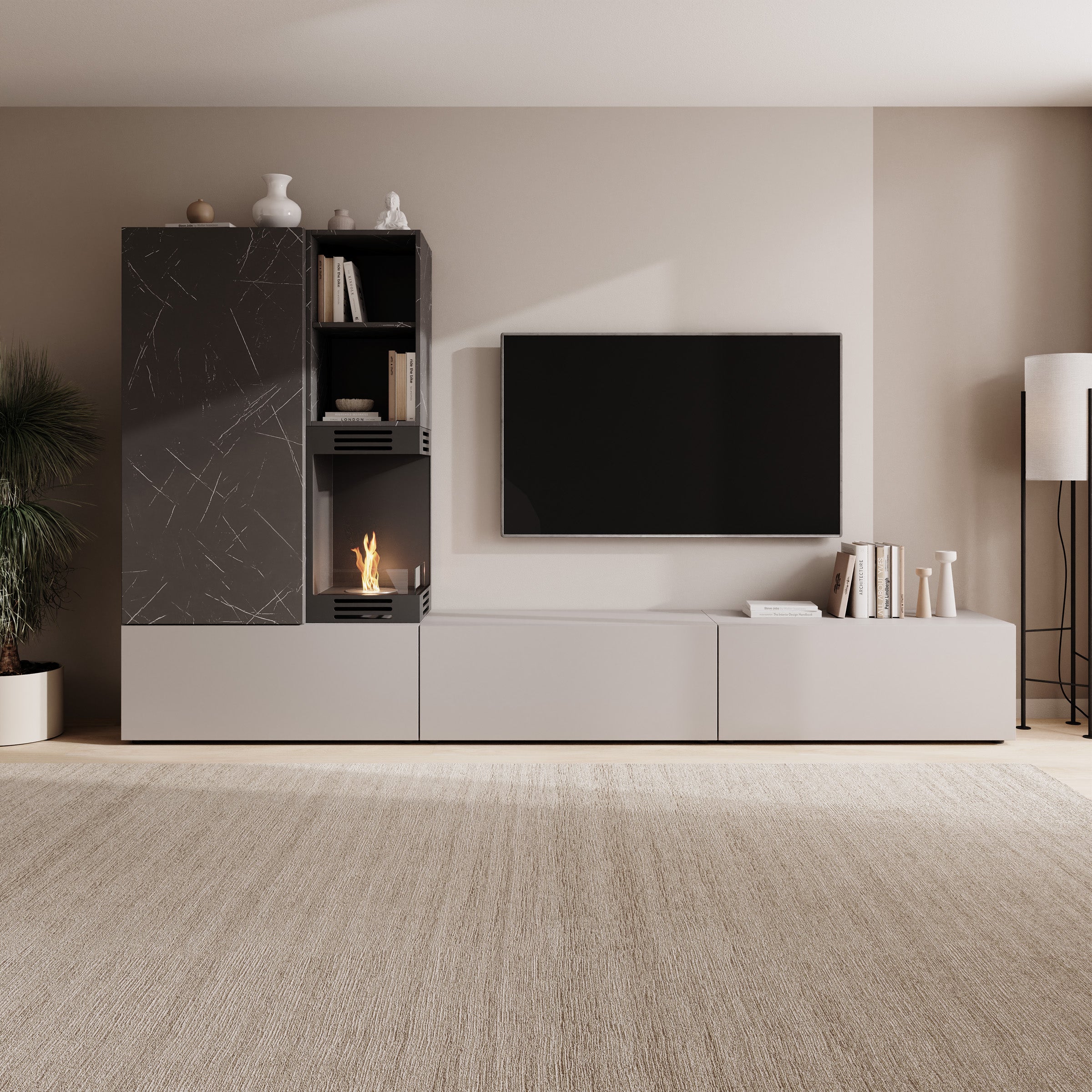 Giordo - Wandmeubel - Greige/Zwart marmerpatroon - Met sfeerhaard - 270x40x158 cm