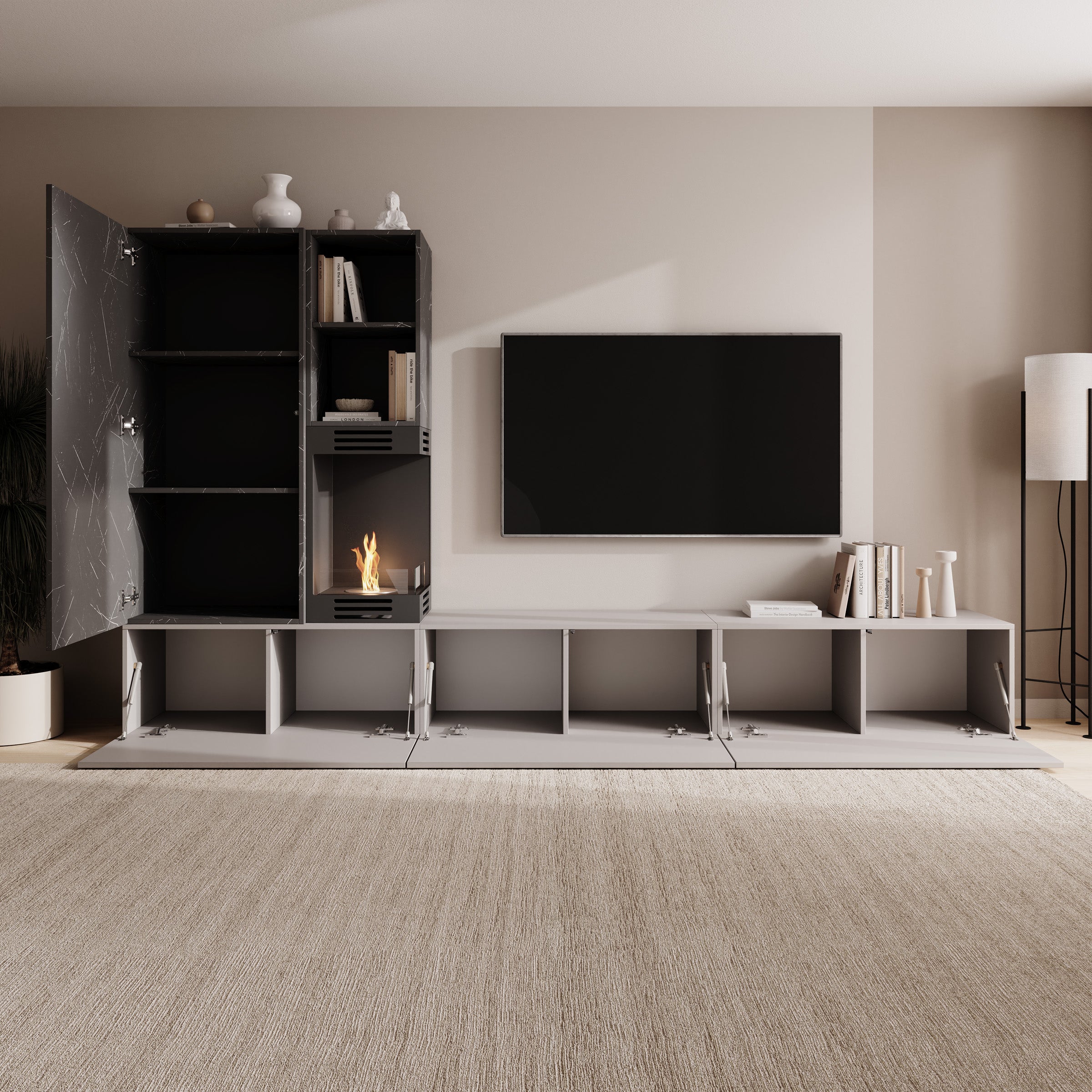 Giordo - Wandmeubel - Greige/Zwart marmerpatroon - Met sfeerhaard - 270x40x158 cm