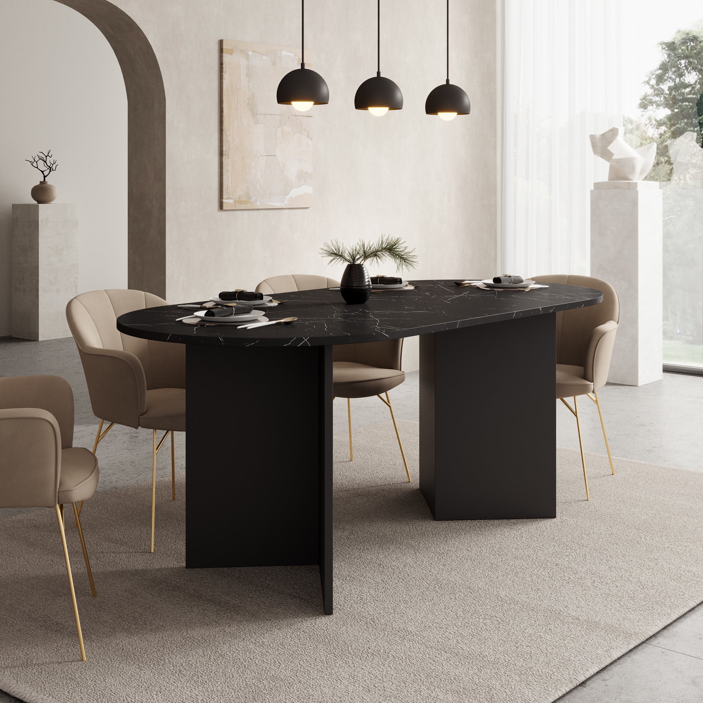 Glenne - Eetkamertafel ovaal - Zwart marmerlook - 185x90x75 cm