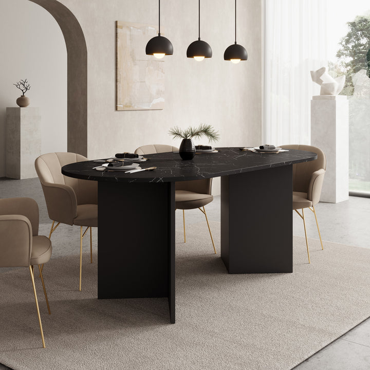 Glenne - Eetkamertafel ovaal - Zwart marmerlook - 185x90x75 cm