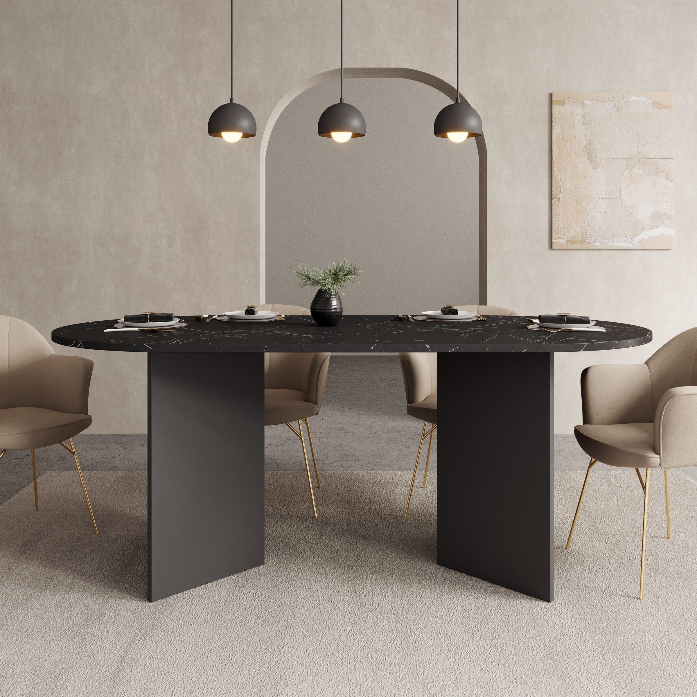 Glenne - Eetkamertafel ovaal - Zwart marmerlook - 185x90x75 cm