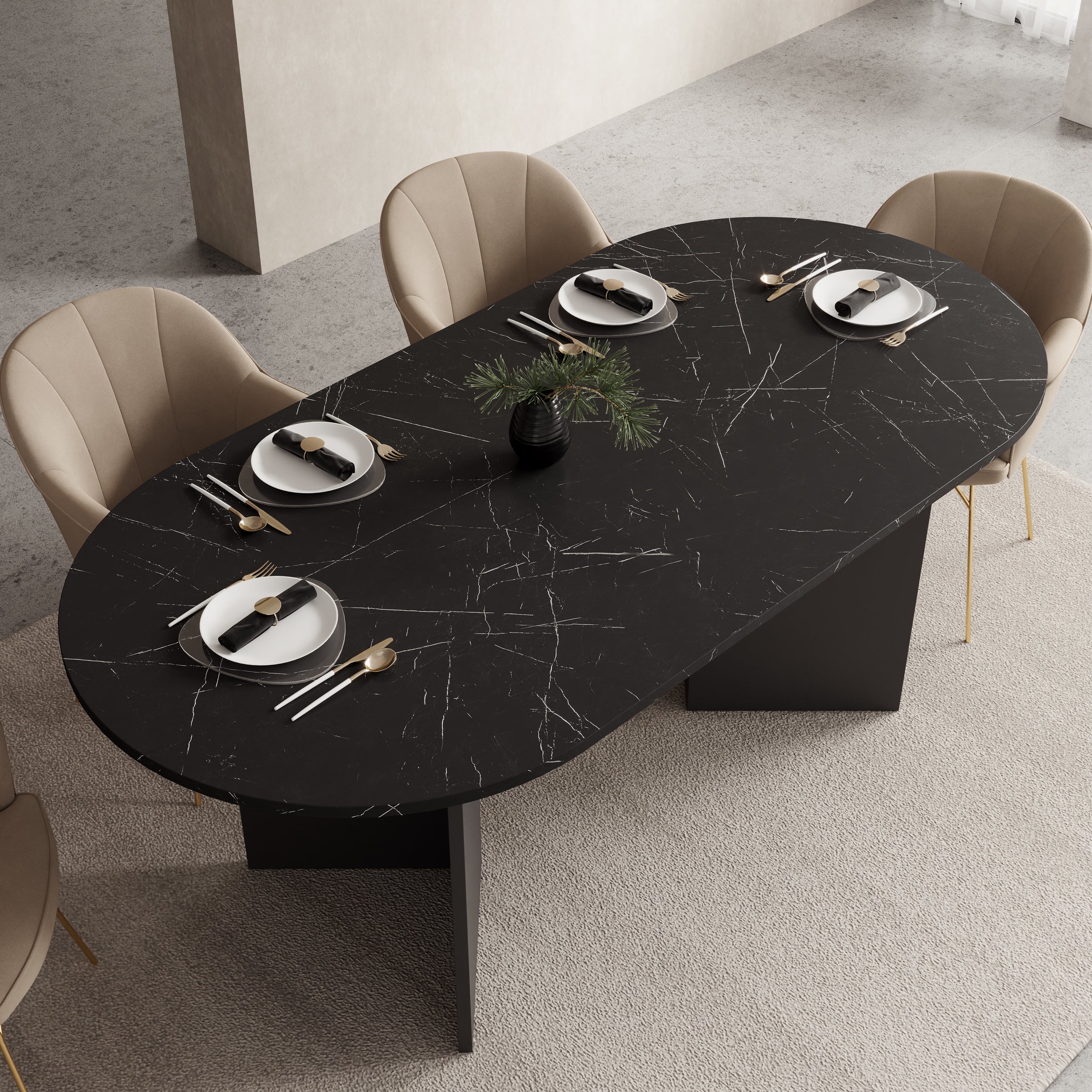 Glenne - Eetkamertafel ovaal - Zwart marmerlook - 185x90x75 cm