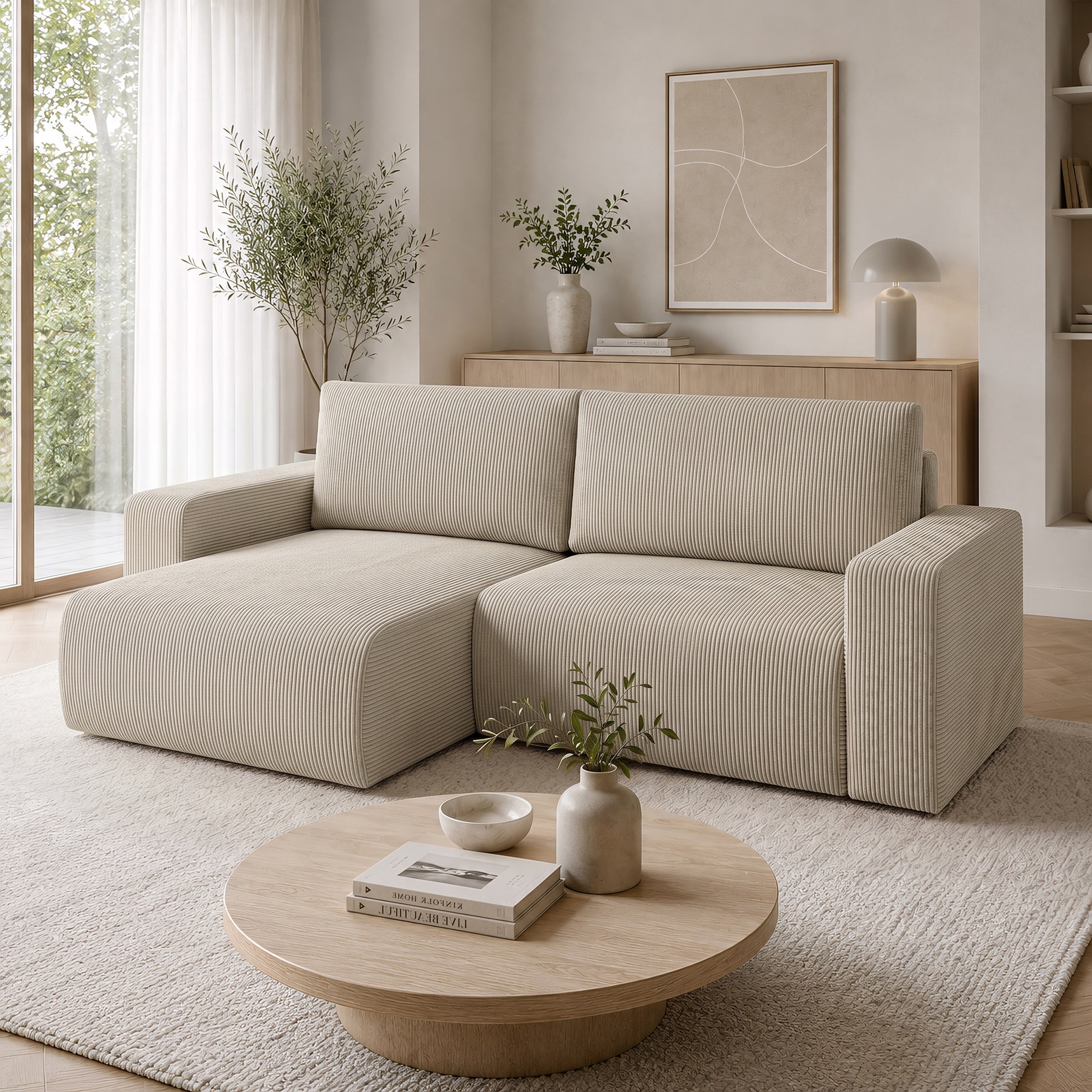 Gruno - Hoekbank 3-zits met chaise longue - Ribstof beige - Links