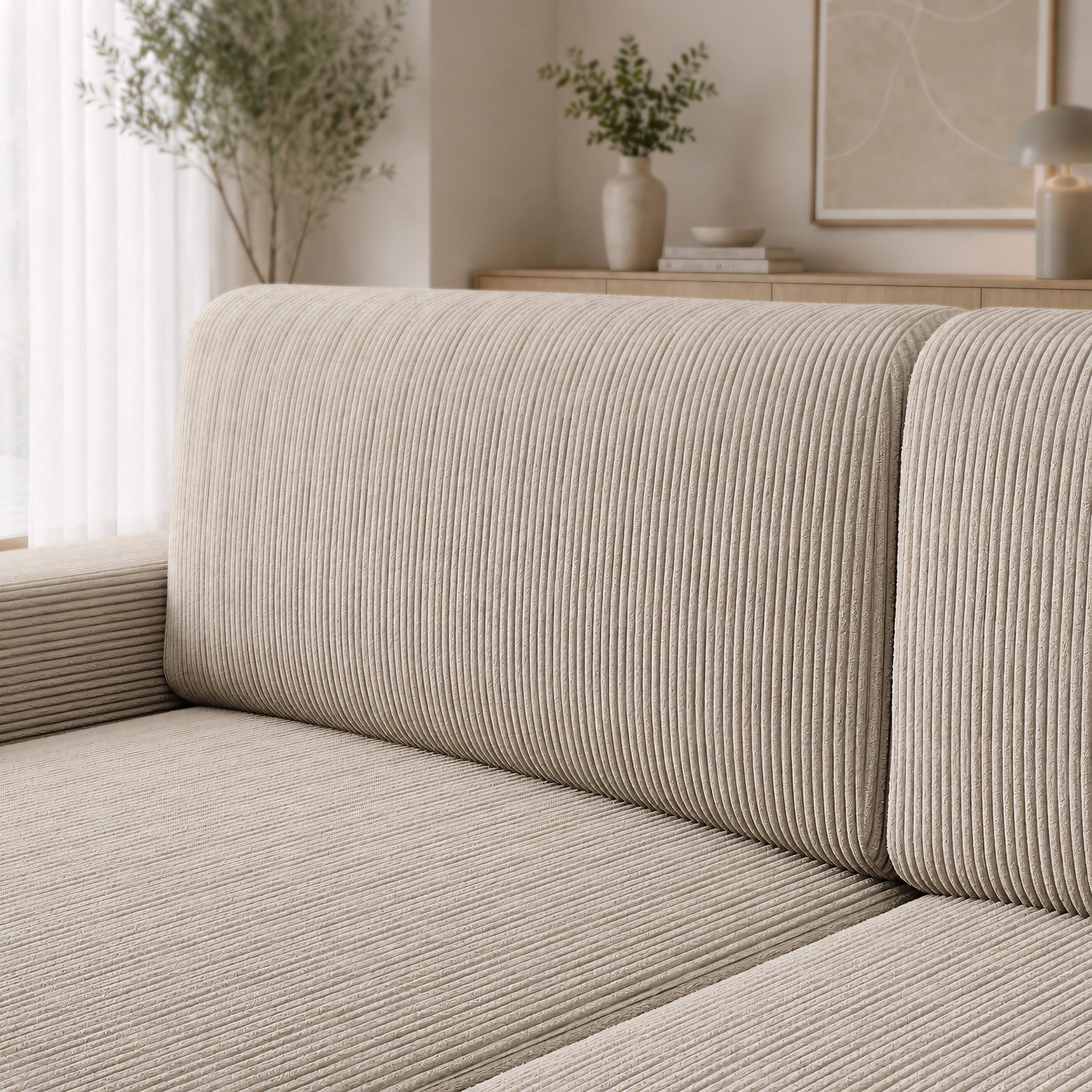 Gruno - Hoekbank 3-zits met chaise longue - Ribstof beige - Links