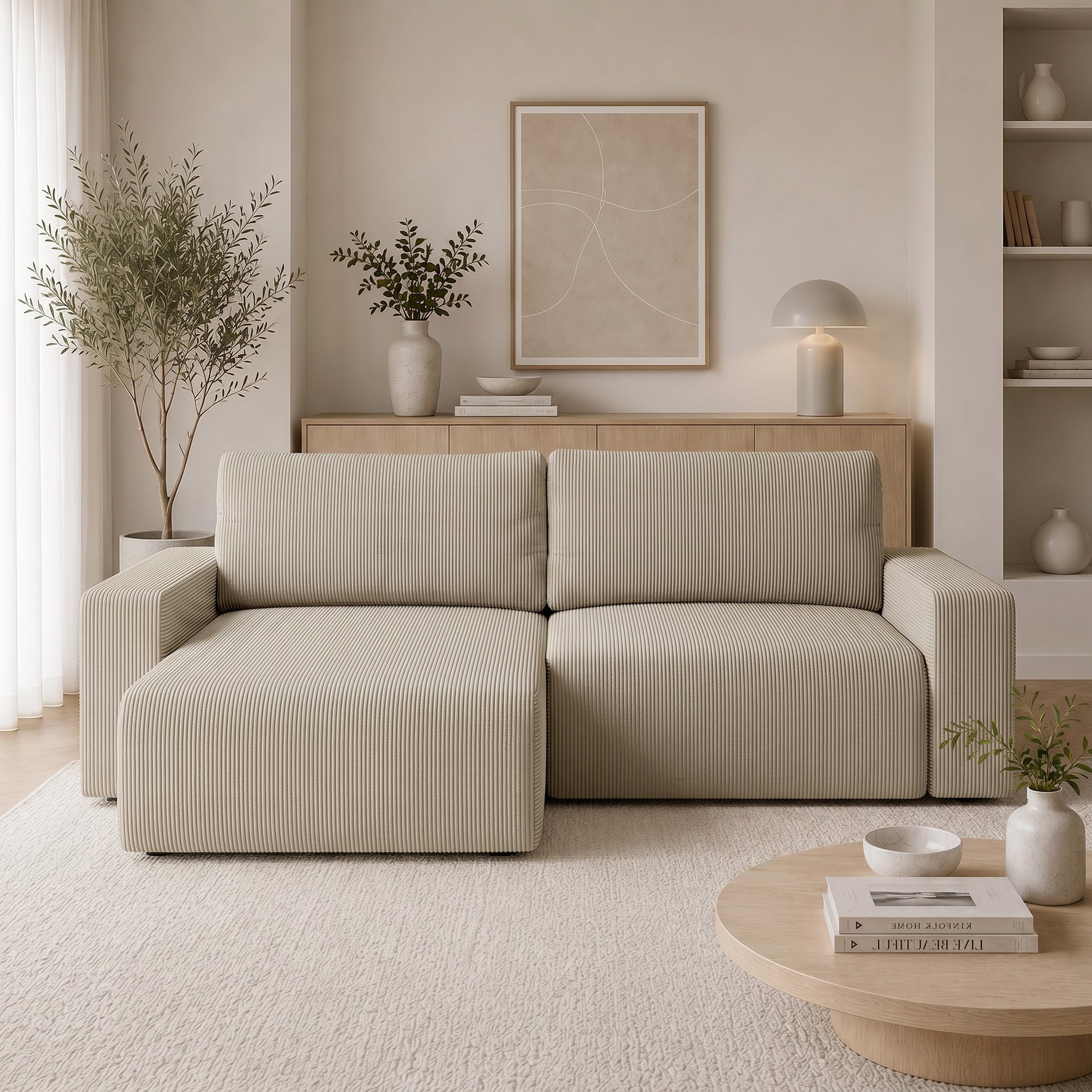 Gruno - Hoekbank 3-zits met chaise longue - Ribstof beige - Links