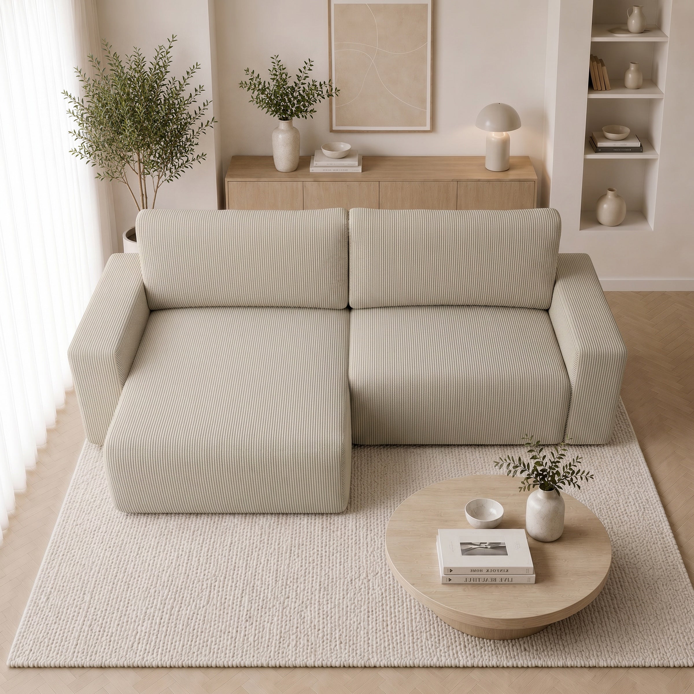 Gruno - Hoekbank 3-zits met chaise longue - Ribstof beige - Links