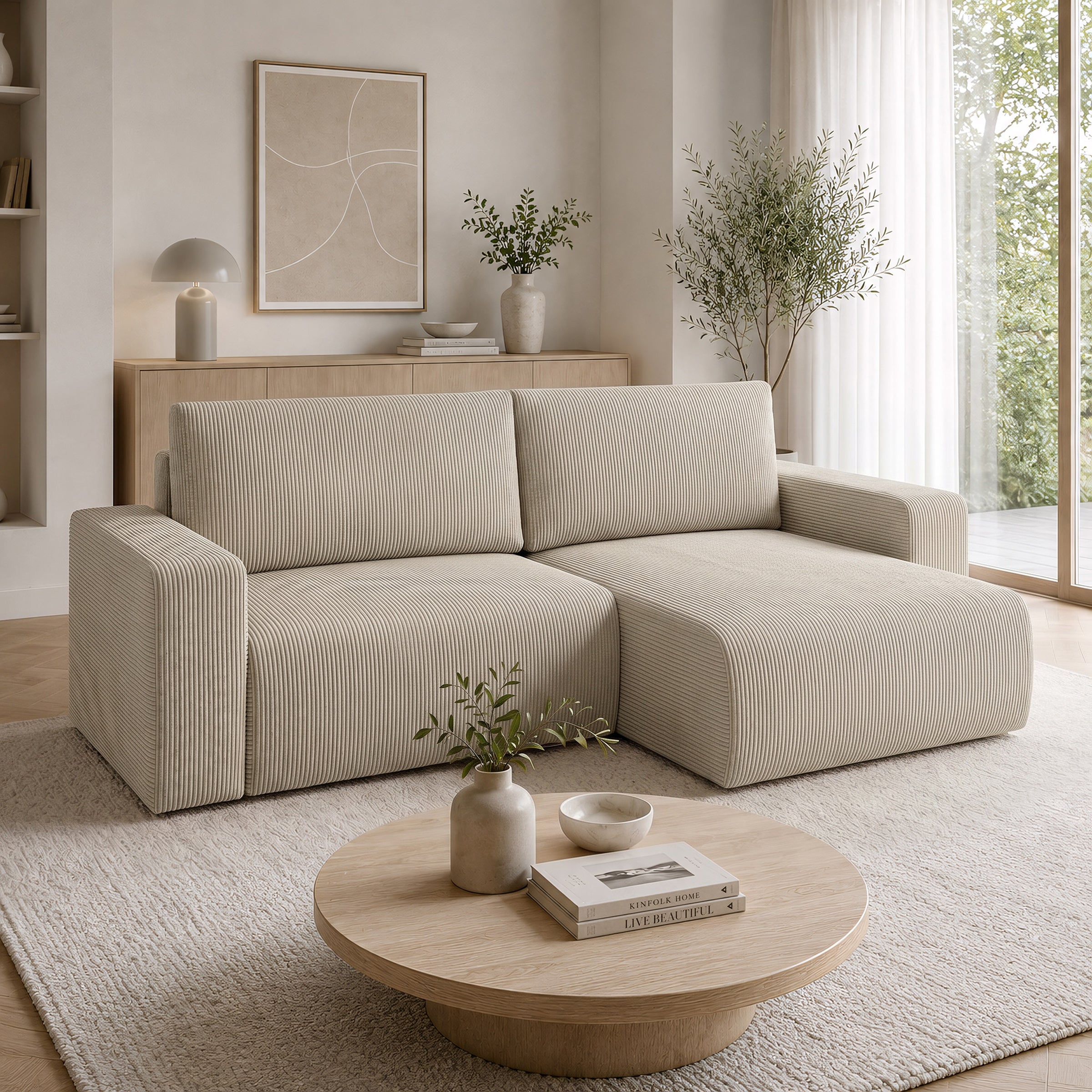 Gruno - Hoekbank 3-zits met chaise longue - Ribstof beige - Rechts