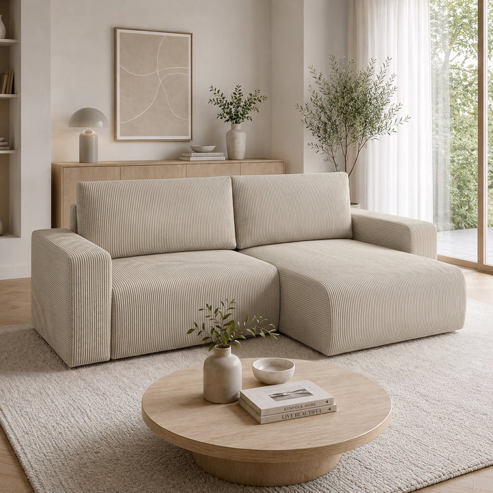Gruno - Hoekbank 3-zits met chaise longue - Ribstof beige - Rechts