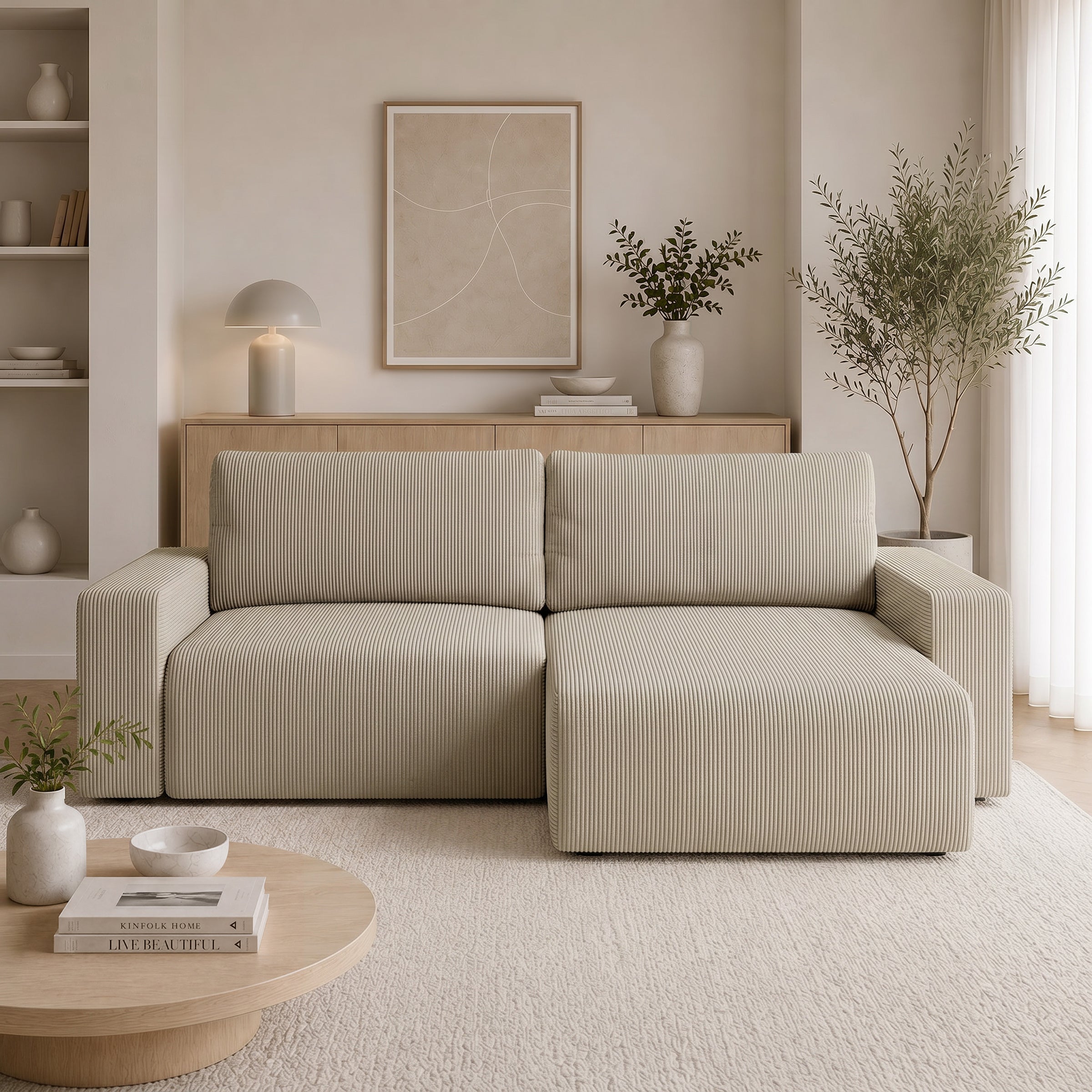 Gruno - Hoekbank 3-zits met chaise longue - Ribstof beige - Rechts
