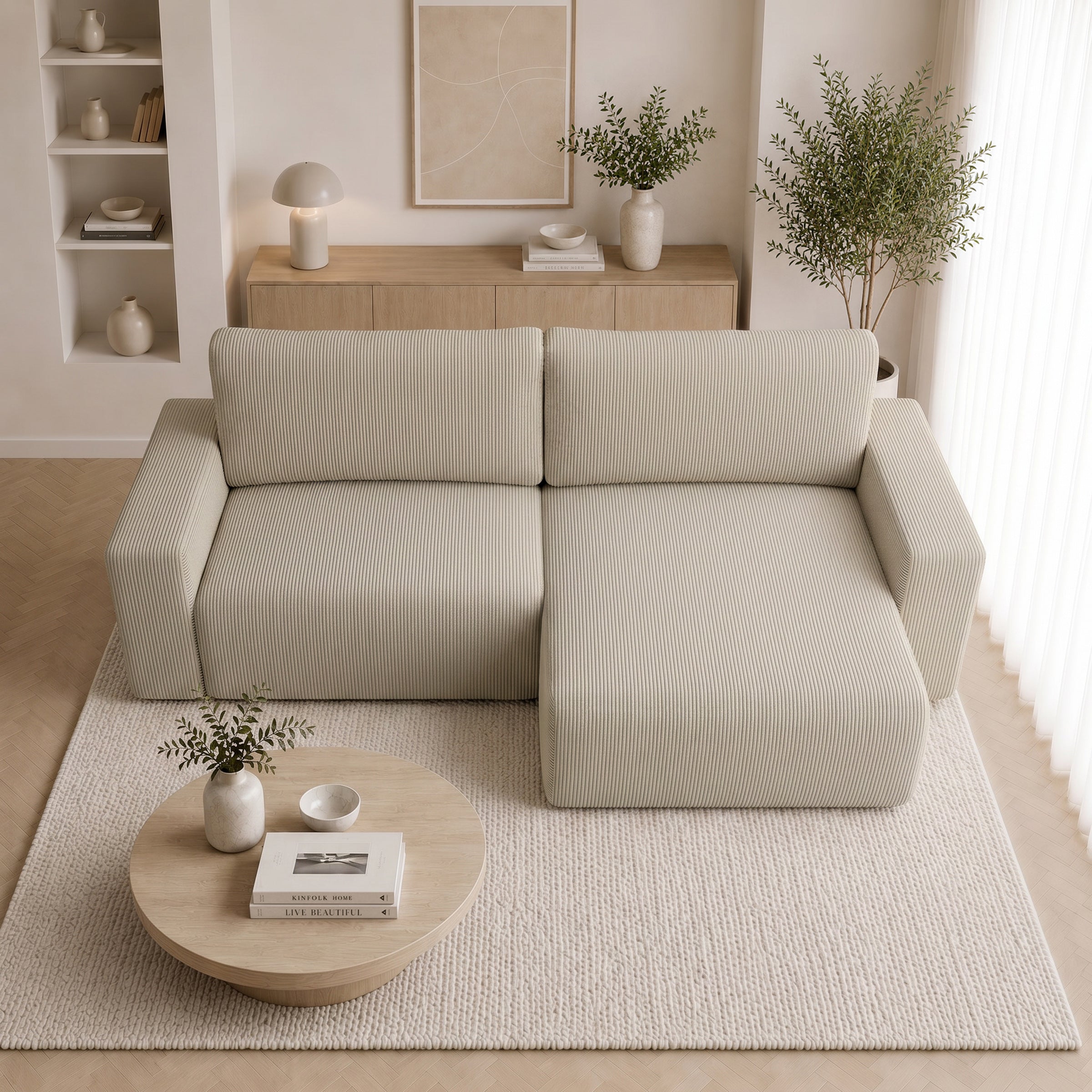 Gruno - Hoekbank 3-zits met chaise longue - Ribstof beige - Rechts