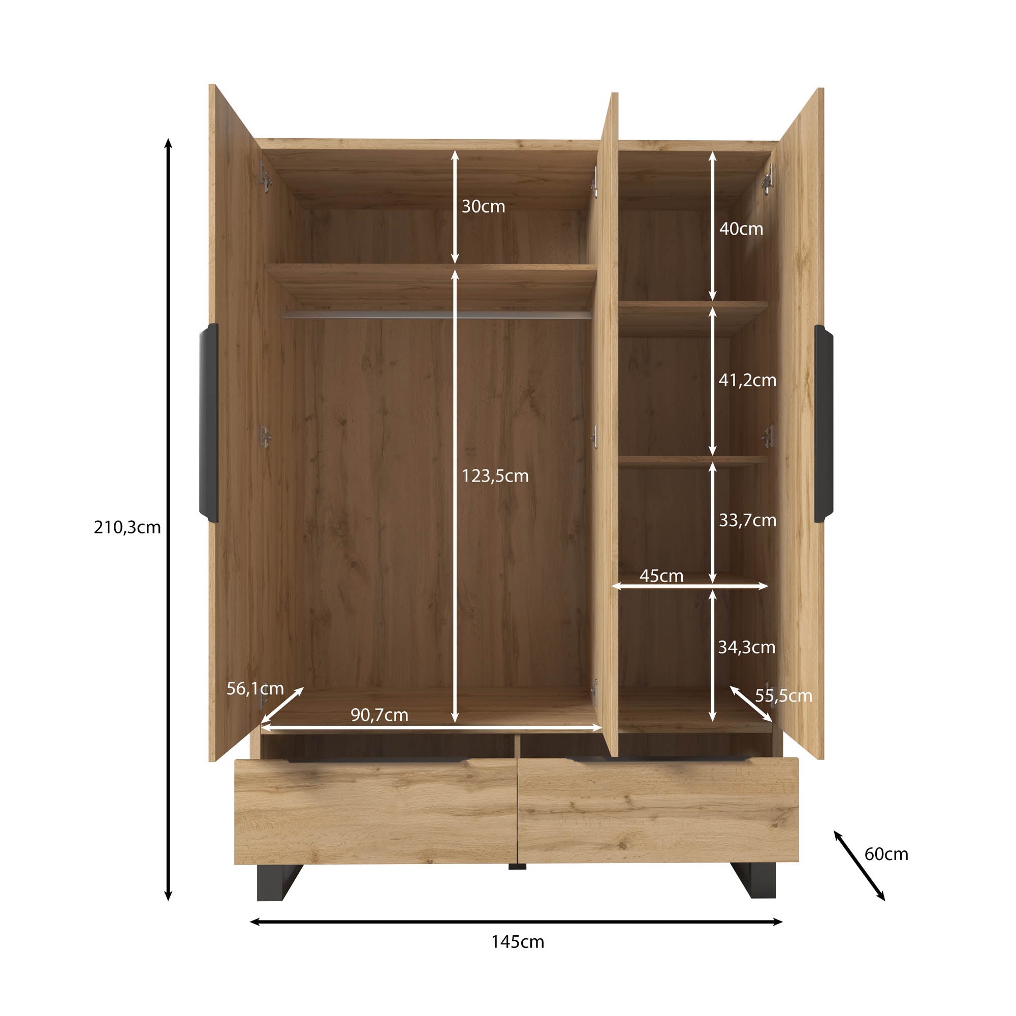 Harlow - Kledingkast 3-deurs - Eiken - 145x60x210 cm