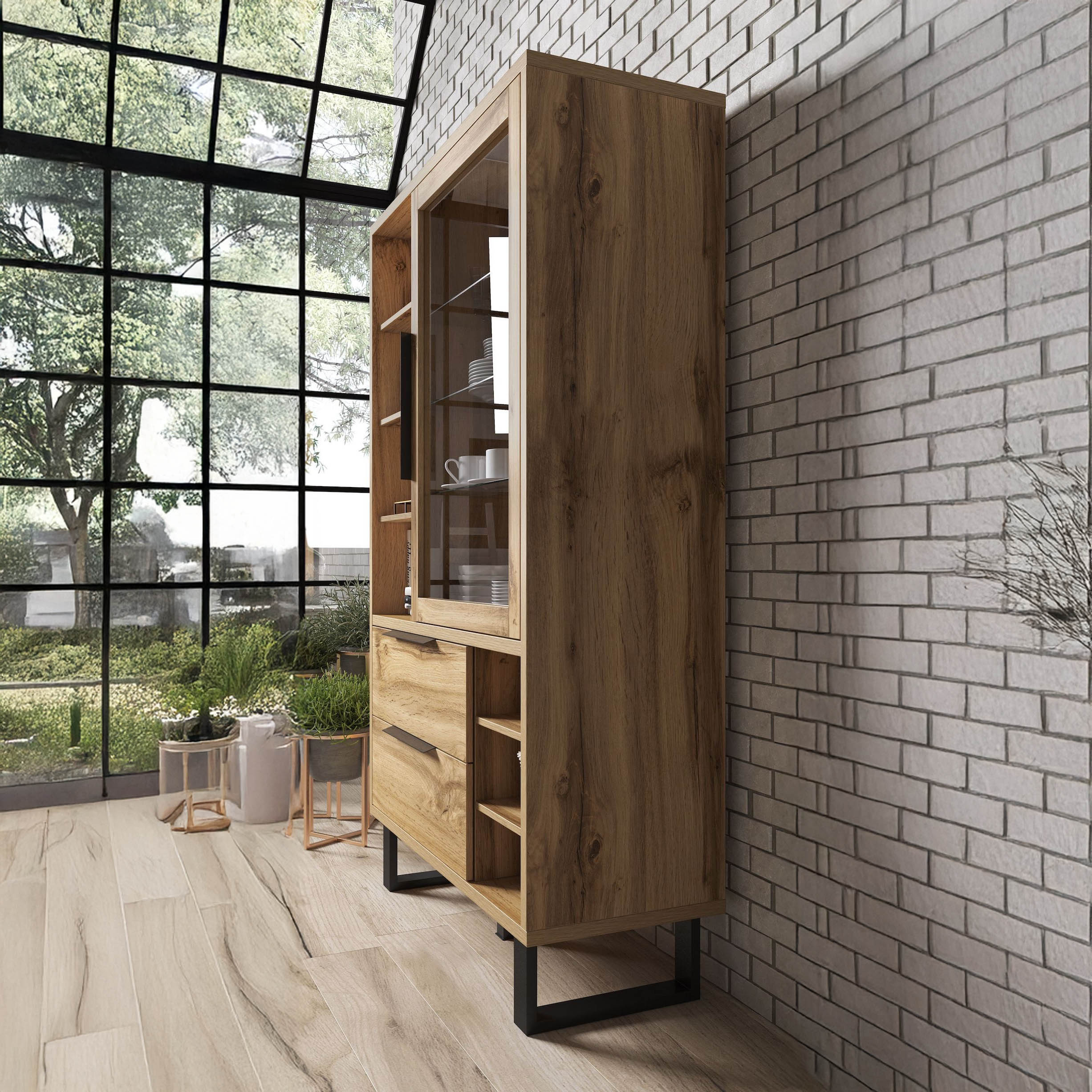 Harlow - Vitrinekast - Eiken/zwart - 120x45x190 cm