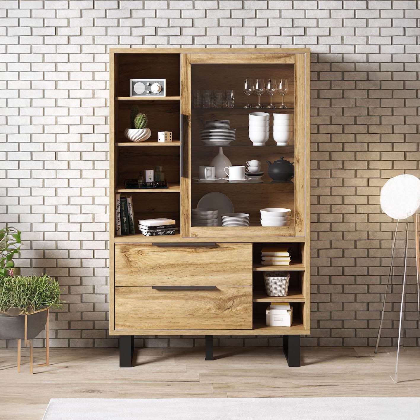 Harlow - Vitrinekast - Eiken/zwart - 120x45x190 cm