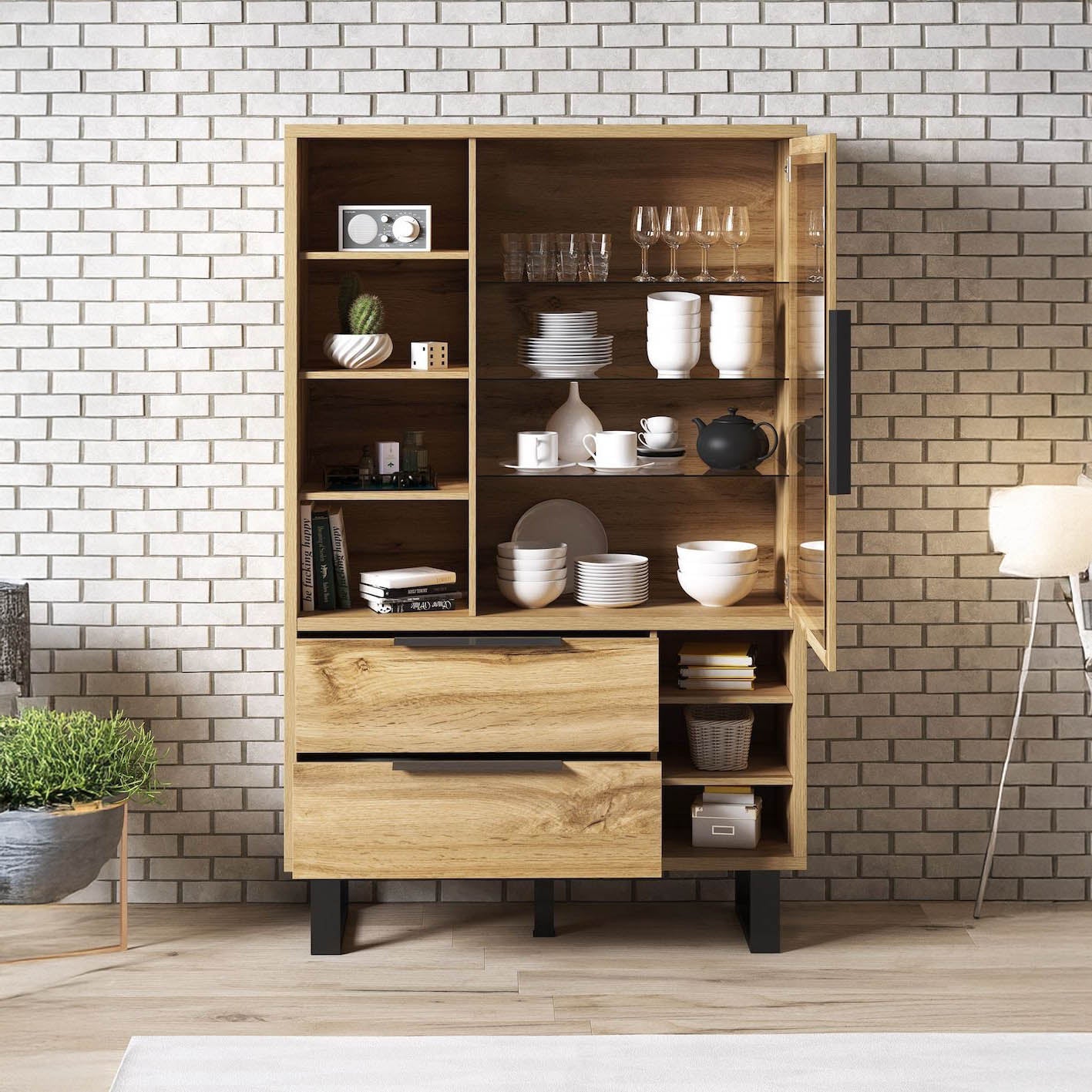Harlow - Vitrinekast - Eiken/zwart - 120x45x190 cm
