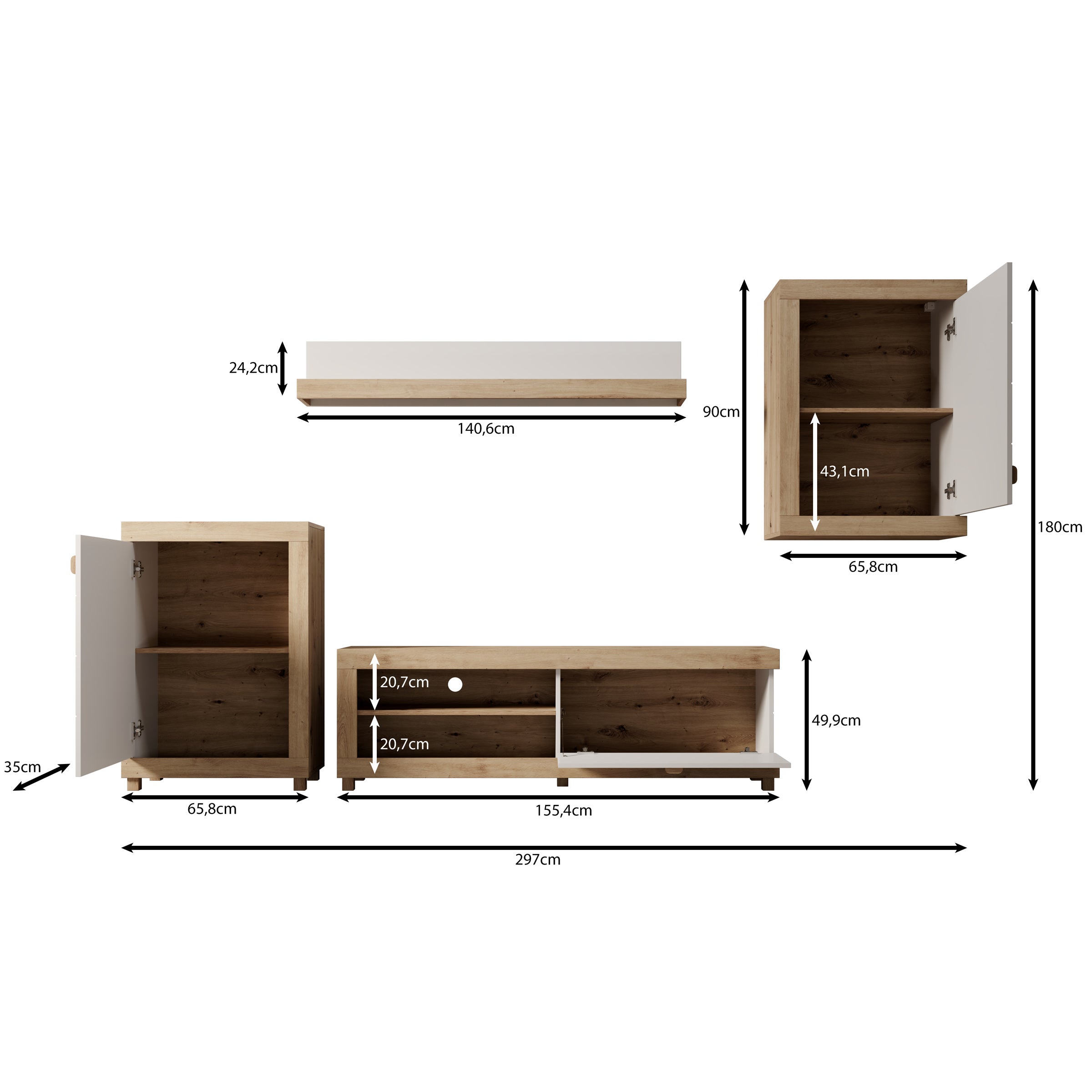 Havero - Wandmeubel - Eikenpatroon/Wit - 297x35x180 cm