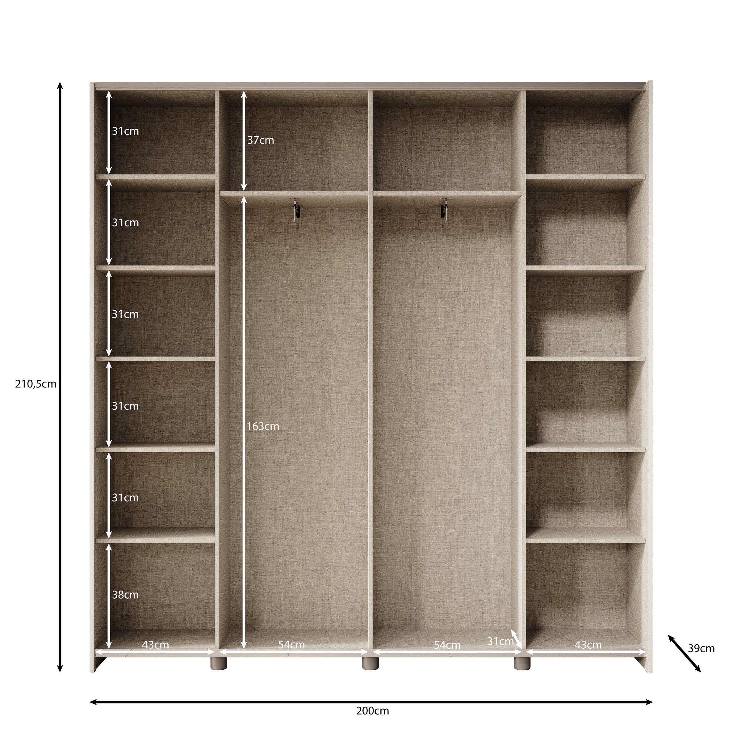 Helvar - Kledingkast met schuifdeuren - Wit - 200x39x211 cm