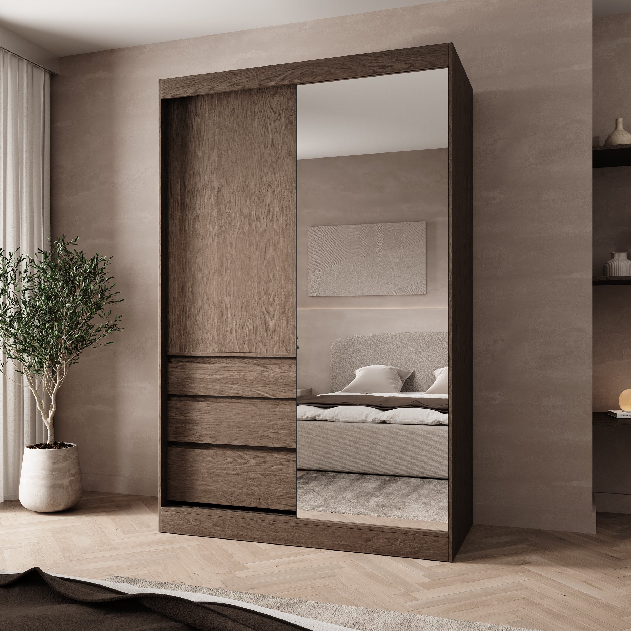 Henry - Kledingkast met schuifdeuren - Donker eikenpatroon - 140x65x216 cm