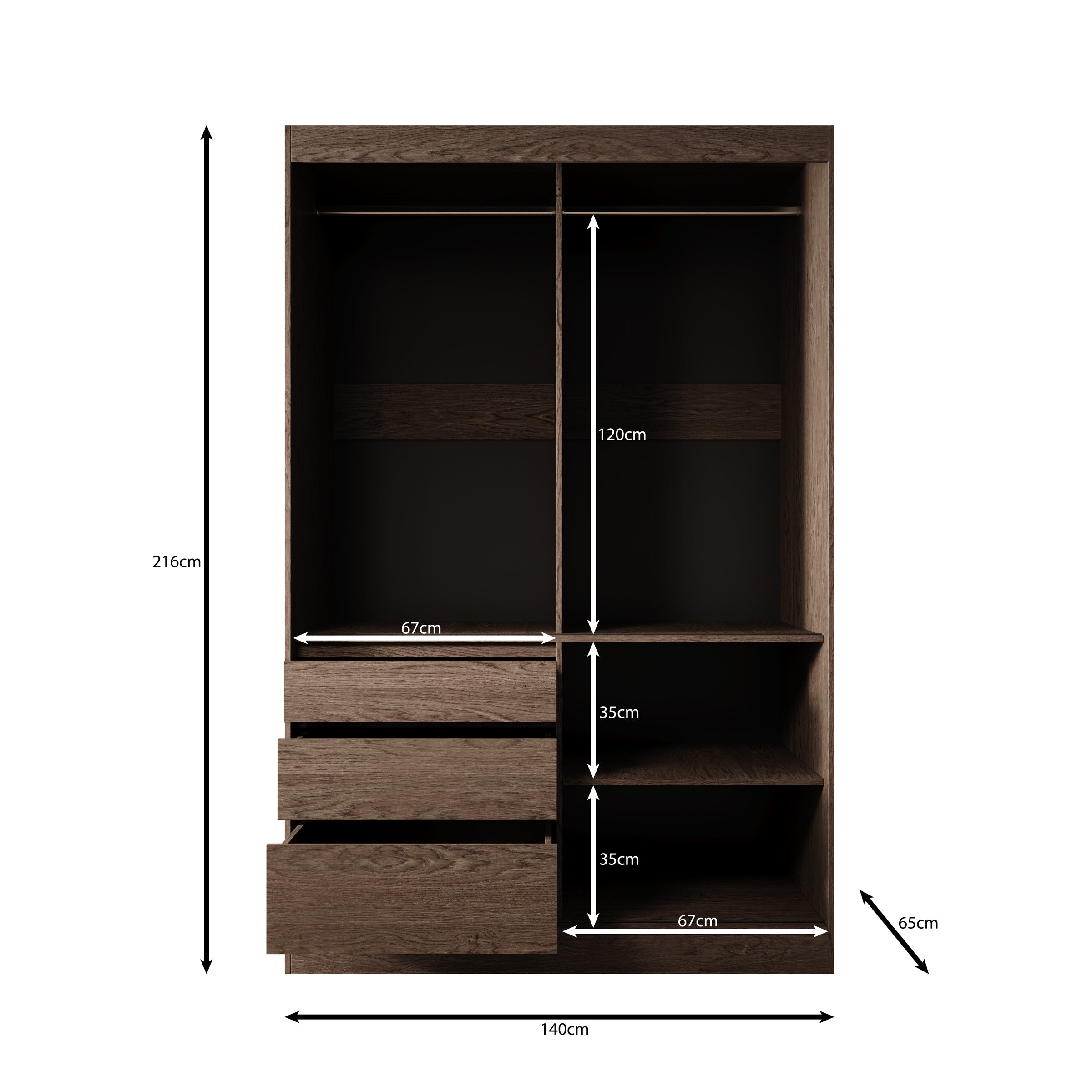 Henry - Kledingkast met schuifdeuren - Donker eikenpatroon - 140x65x216 cm