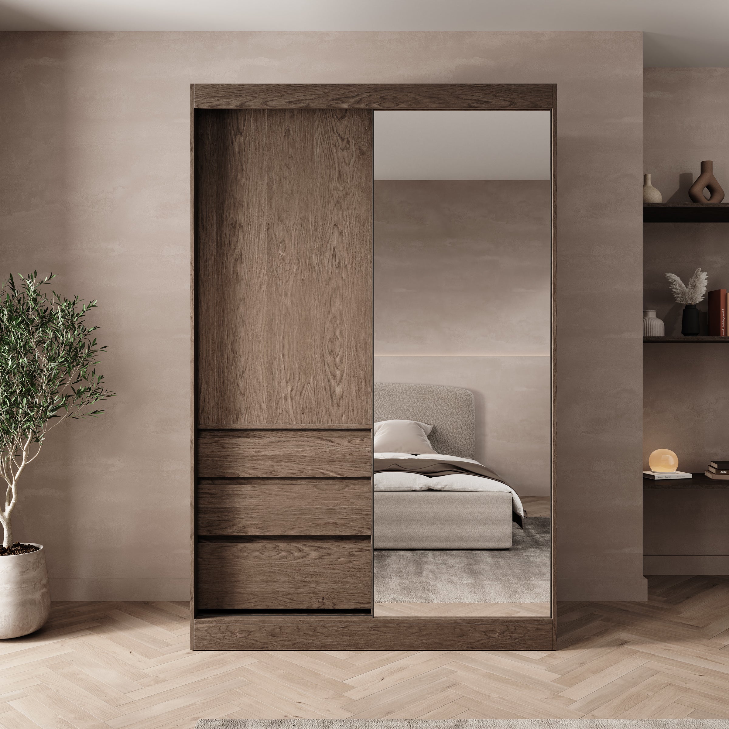 Henry - Kledingkast met schuifdeuren - Donker eikenpatroon - 140x65x216 cm