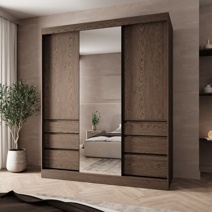 Henry - Kledingkast met schuifdeuren - Donker eikenpatroon - 180x65x216 cm