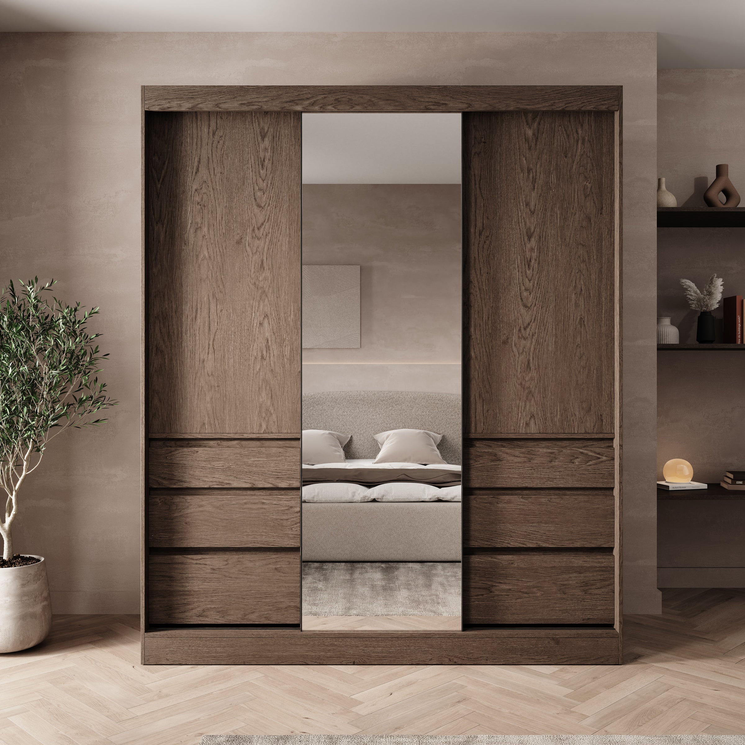 Henry - Kledingkast met schuifdeuren - Donker eikenpatroon - 180x65x216 cm