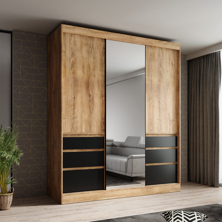 Henry - Kledingkast met schuifdeuren - Eiken/zwart - 180x65x216 cm