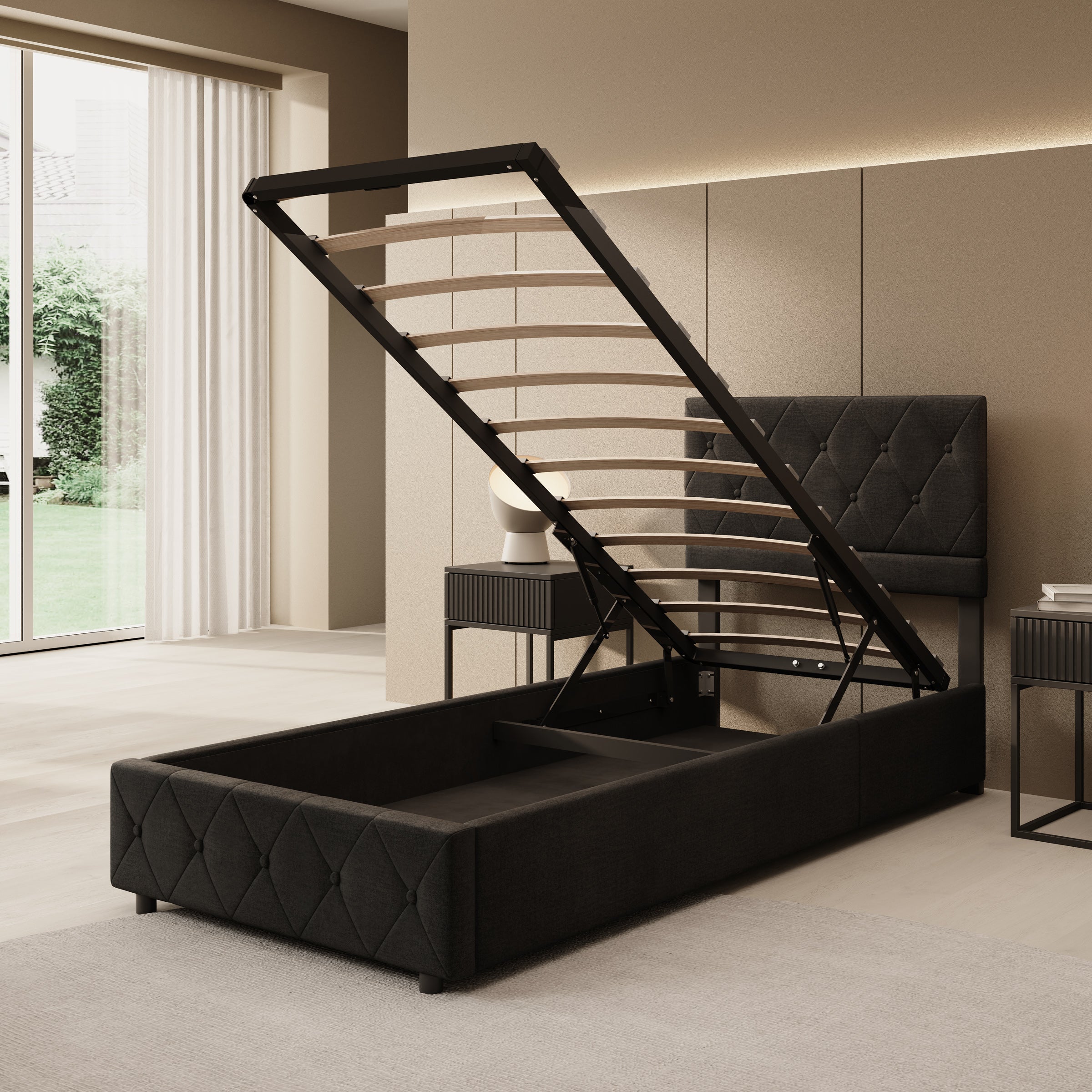 Hernandez - Eenpersoonsbed met opbergruimte - Velvet zwart - 90x200 cm