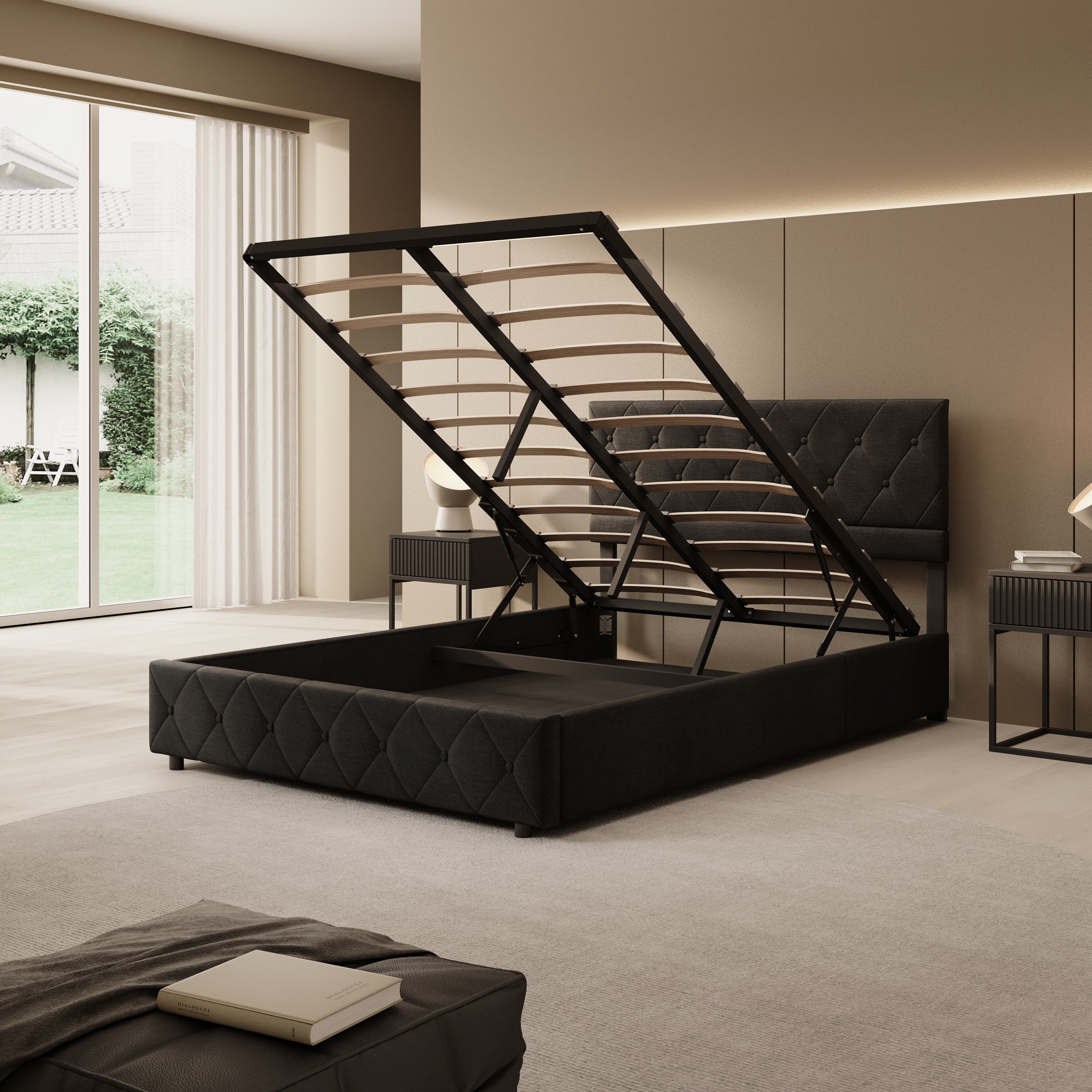 Hernandez - Tweepersoonsbed met opbergruimte - Velvet zwart - 140x200 cm