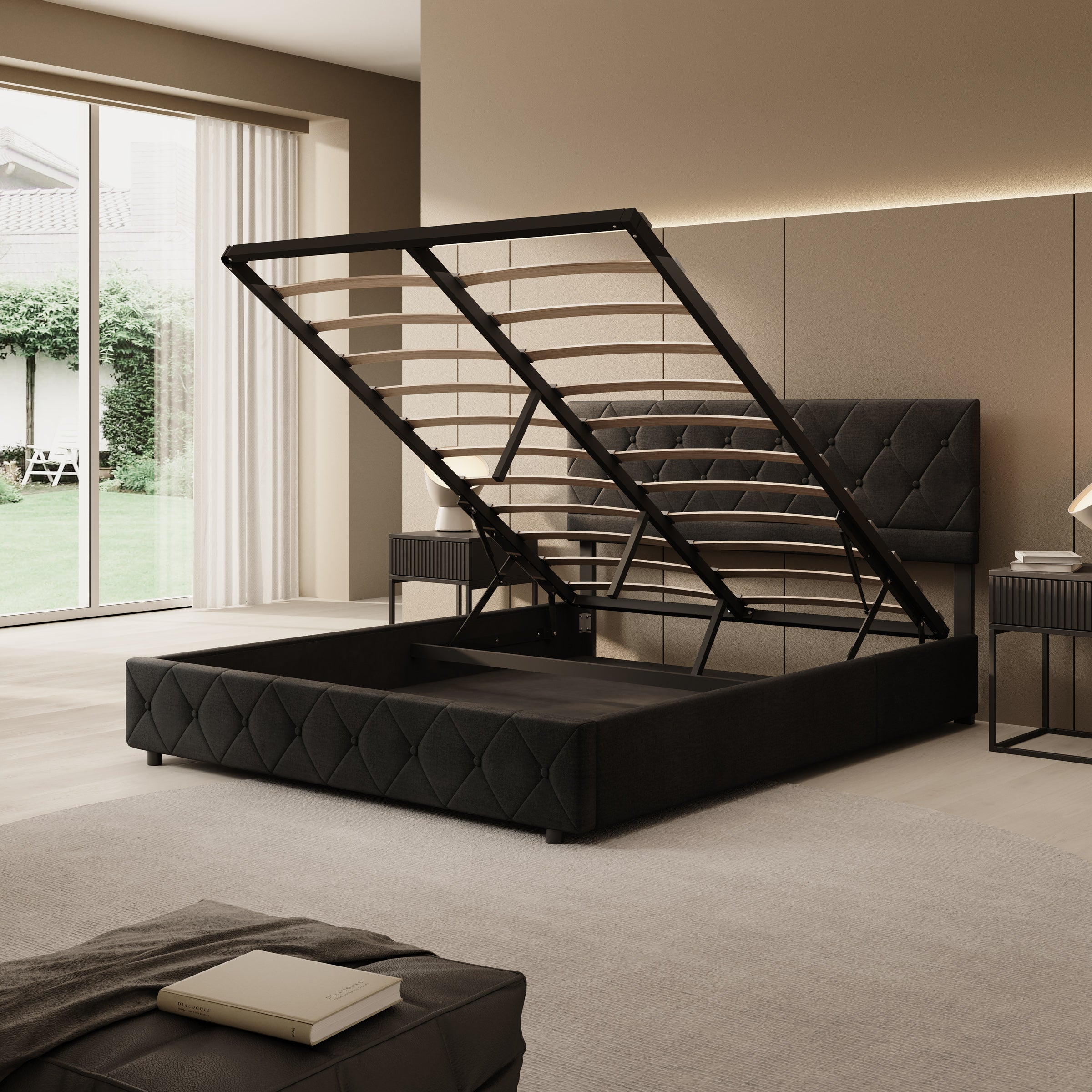 Hernandez - Tweepersoonsbed met opbergruimte - Velvet zwart - 160x200 cm
