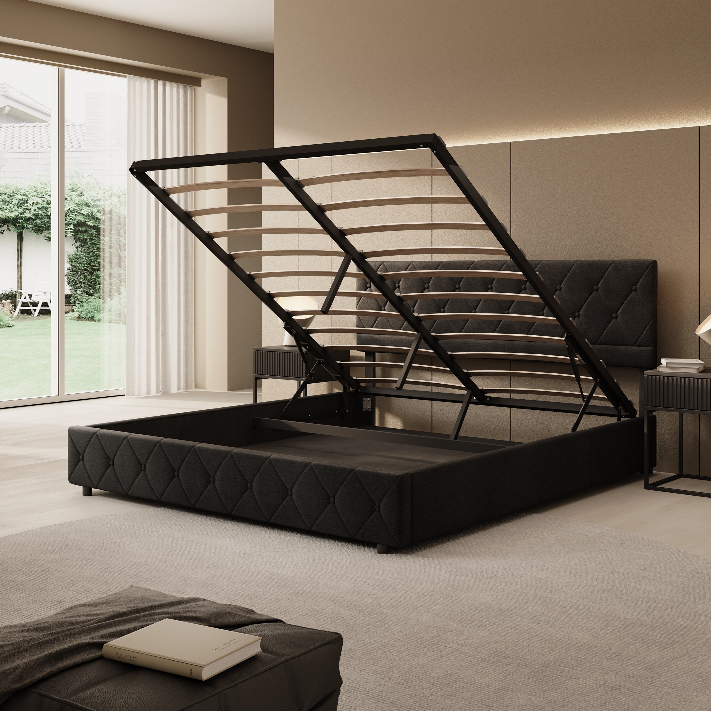 Hernandez - Tweepersoonsbed met opbergruimte - Velvet zwart  - 180x200 cm